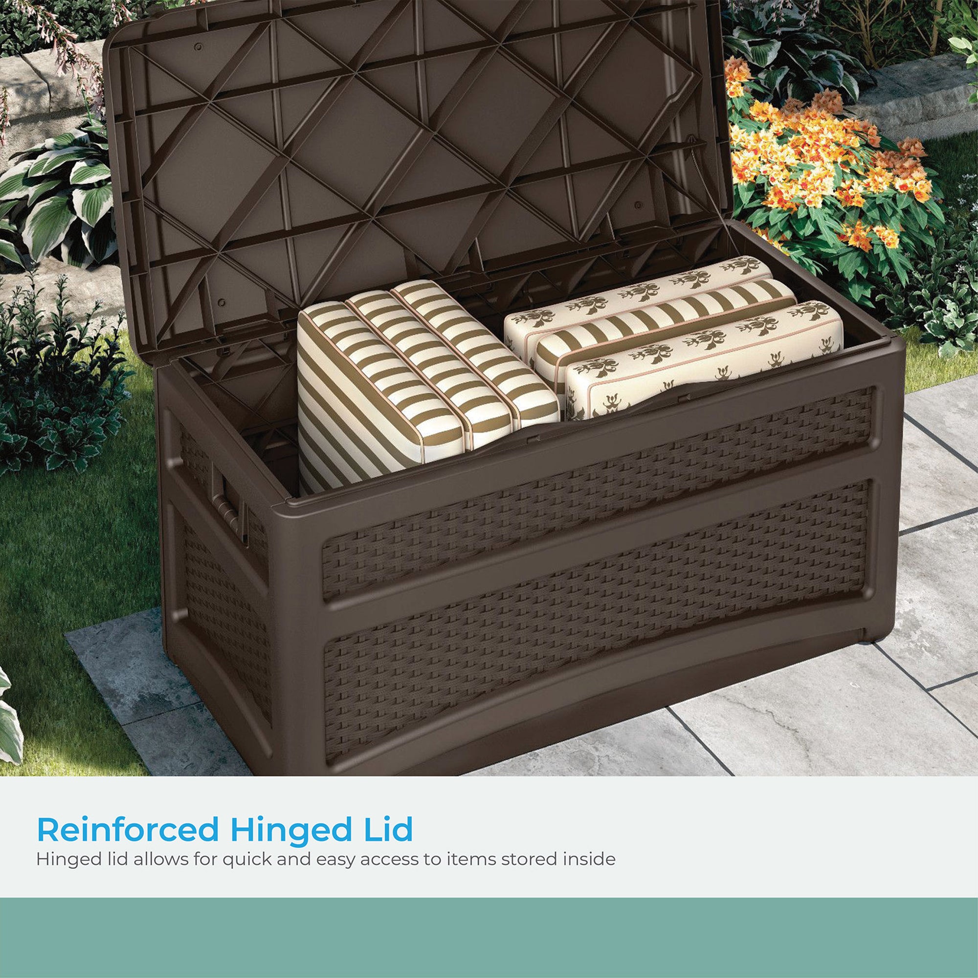 Suncast DBW7500 73 Gallon Outdoor Patio Storage Chest with Handles & Seat, Java - Smart-nests