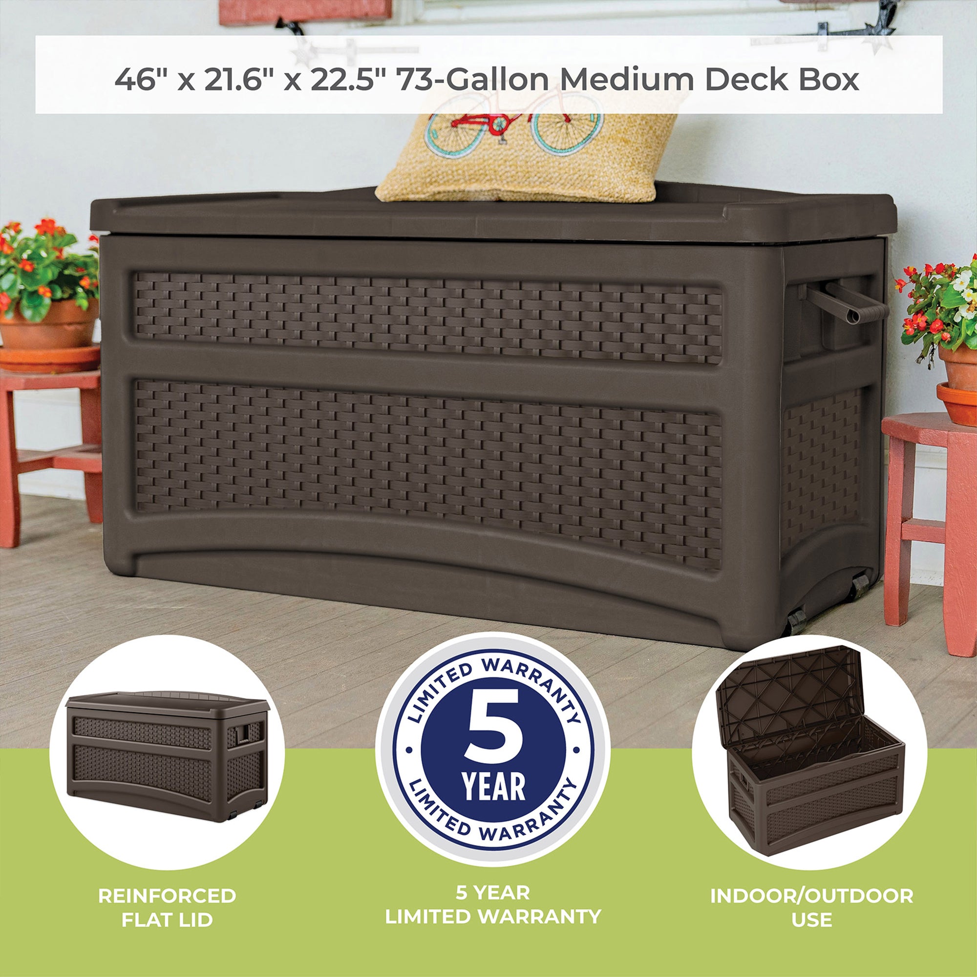 Suncast DBW7500 73 Gallon Outdoor Patio Storage Chest with Handles & Seat, Java - Smart-nests