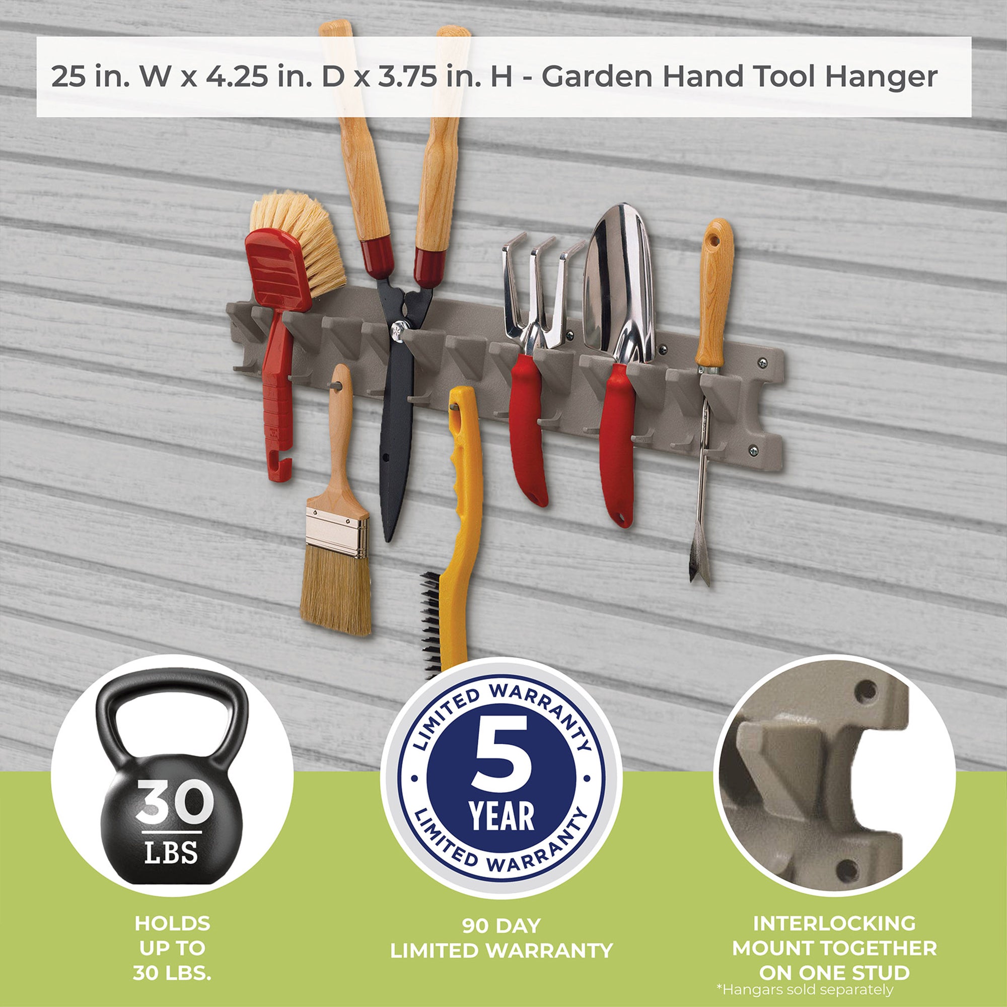 Suncast V713 2 Foot Wall Mounted Garage Garden Hand Tool Organizer, Platinum - Smart-nests