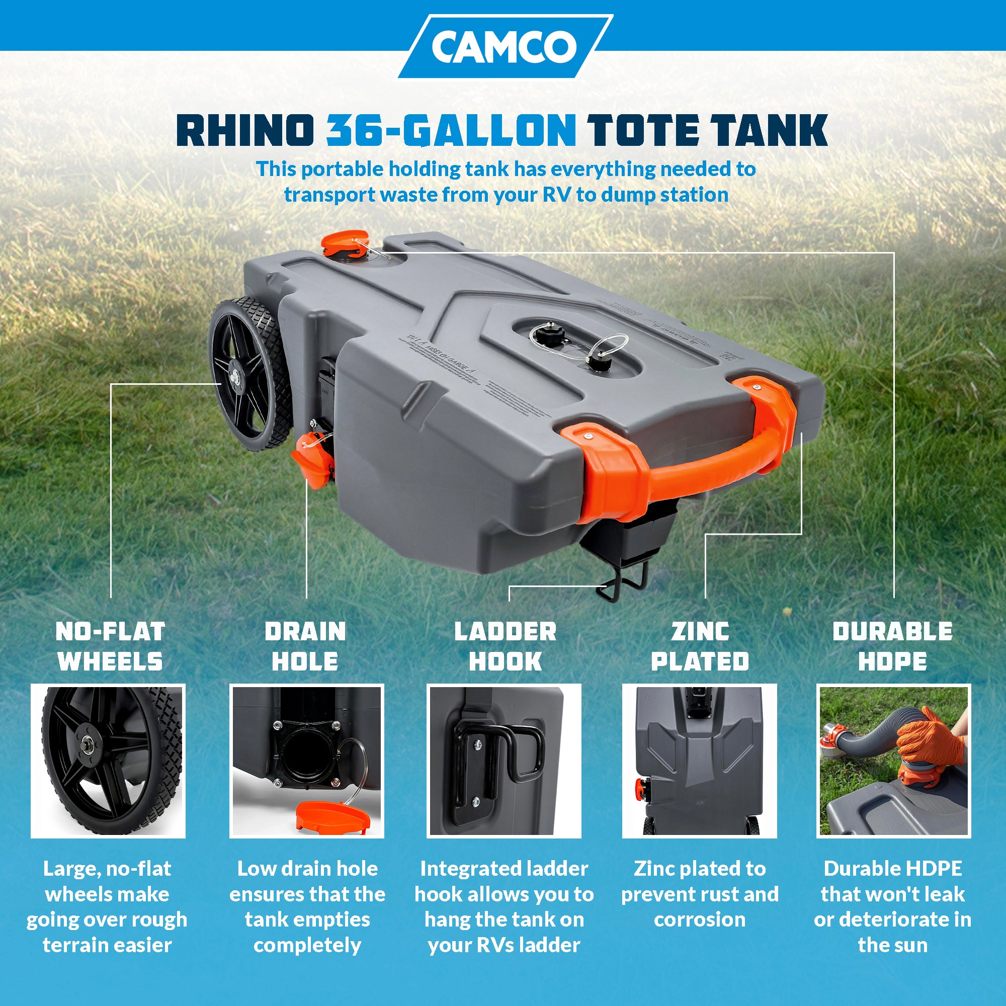 Camco 39006 Rhino Portable 36 Gallon RV Waste Tank Holding Hose and Accessories - Smart-nests