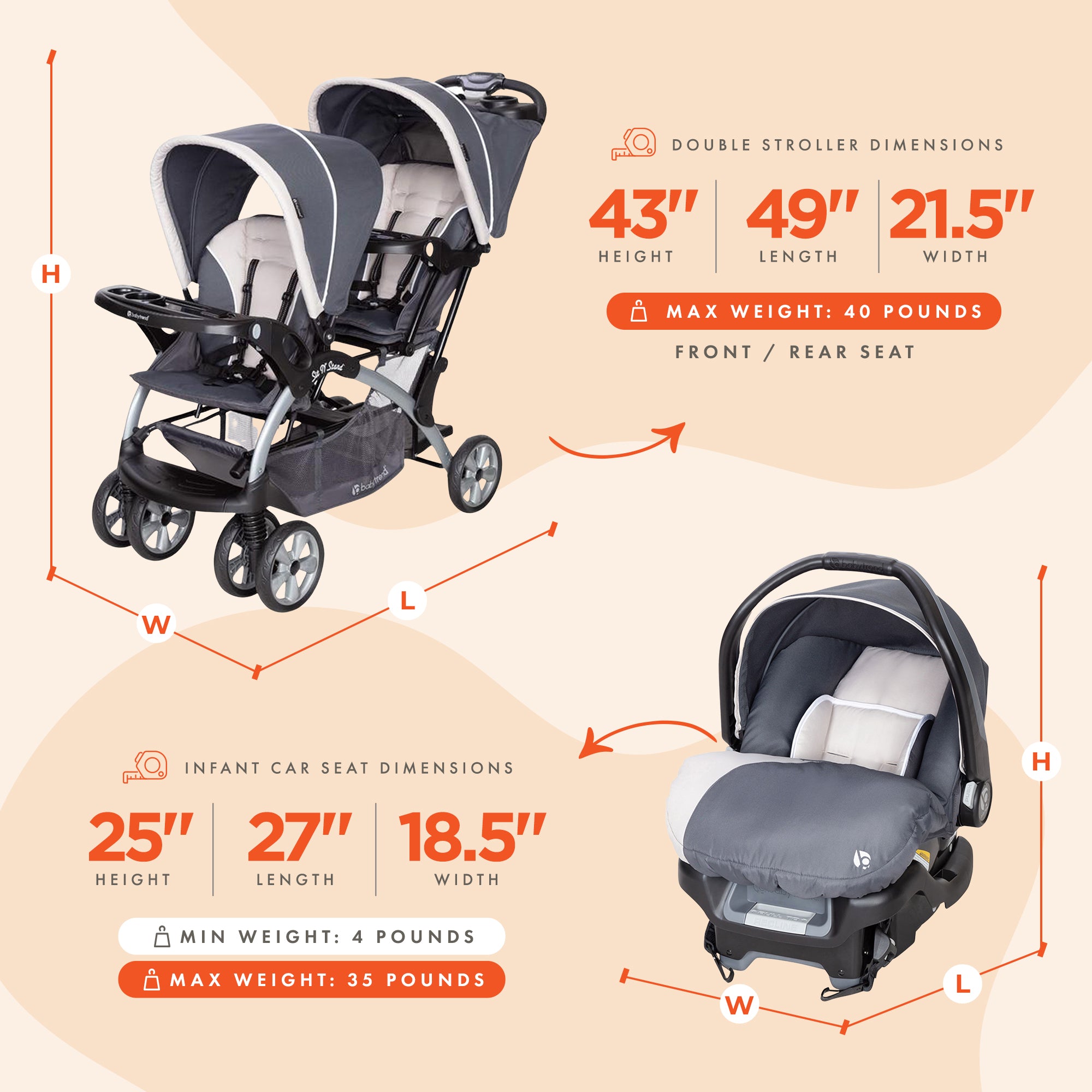 Baby Trend Sit N' Stand Travel Double Baby Stroller w/ Single Car Seat, Magnolia - Smart-nests