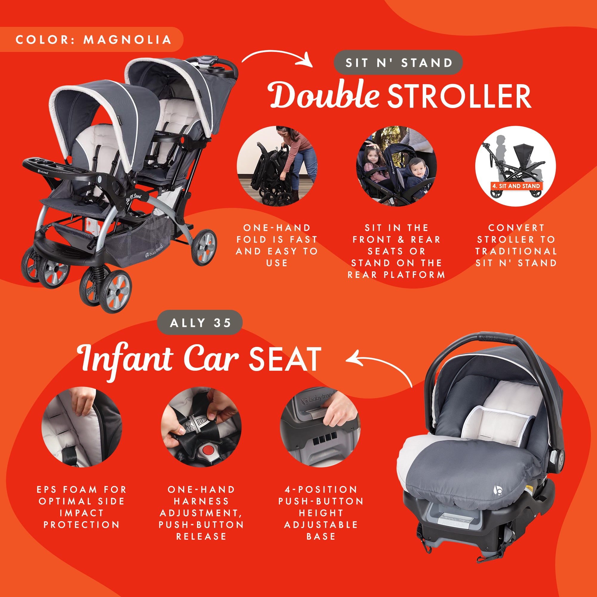 Baby Trend Sit N' Stand Travel Double Baby Stroller w/ Single Car Seat, Magnolia - Smart-nests