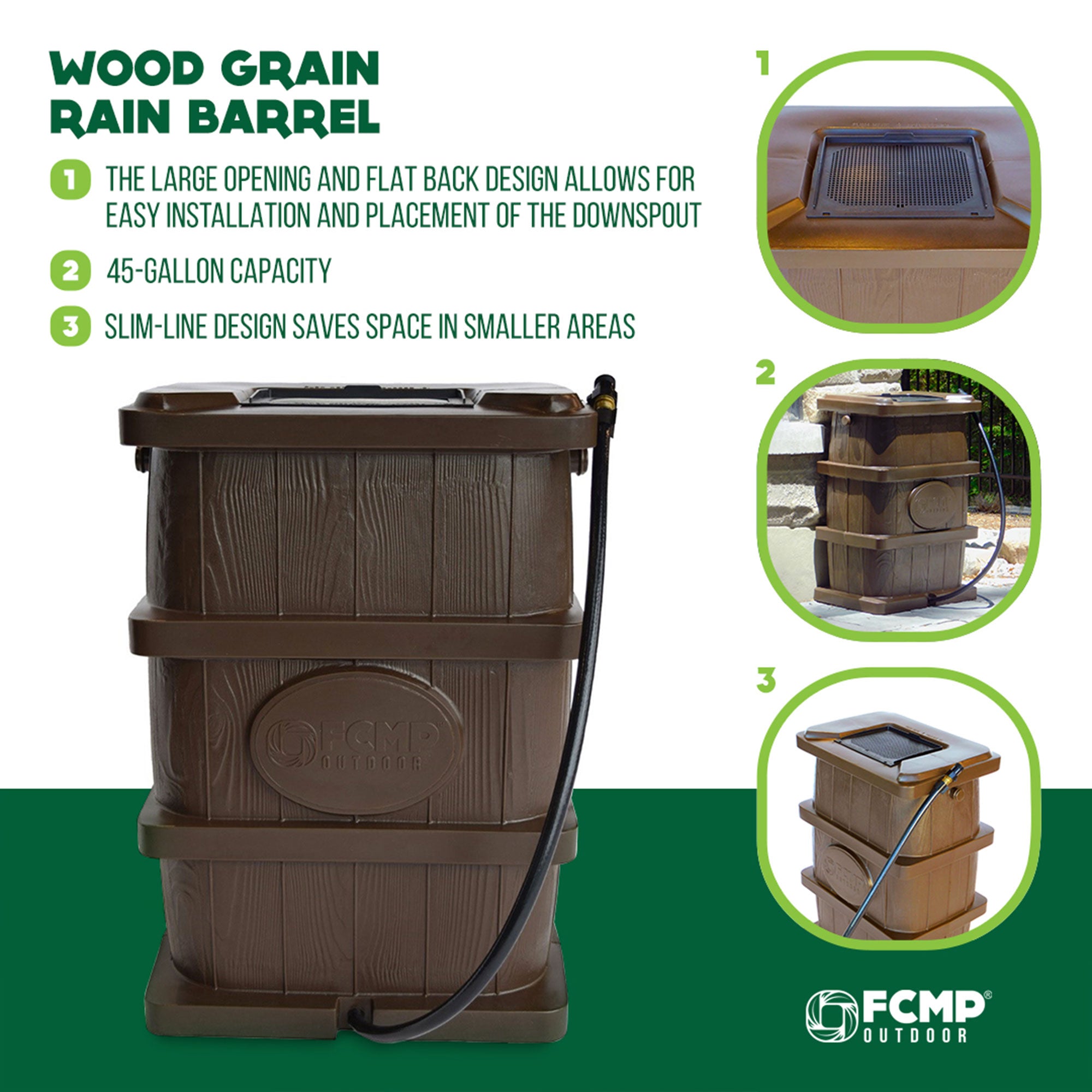FCMP Outdoor WG4000 45 Gal Wood Grain Rain Water Catcher Barrel Container, Brown - Smart-nests