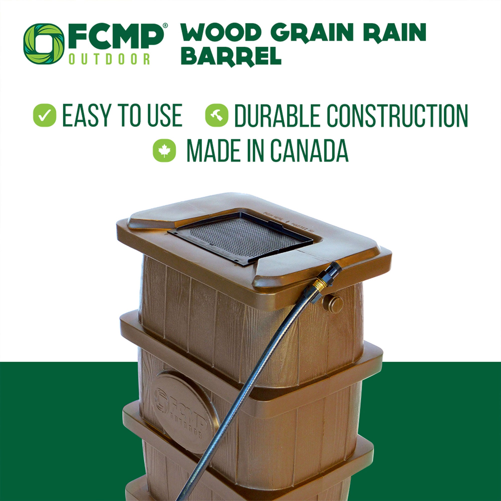 FCMP Outdoor WG4000 45 Gal Wood Grain Rain Water Catcher Barrel Container, Brown - Smart-nests