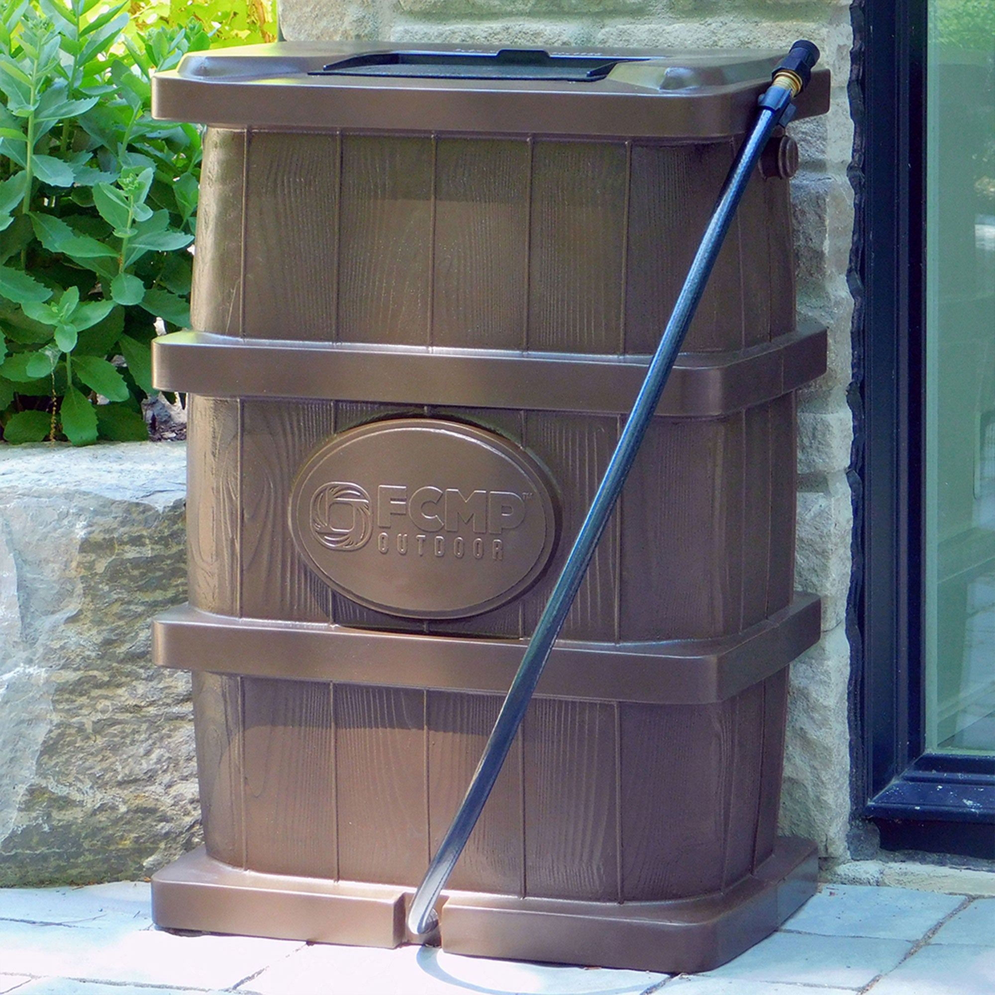 FCMP Outdoor WG4000 45 Gal Wood Grain Rain Water Catcher Barrel Container, Brown - Smart-nests
