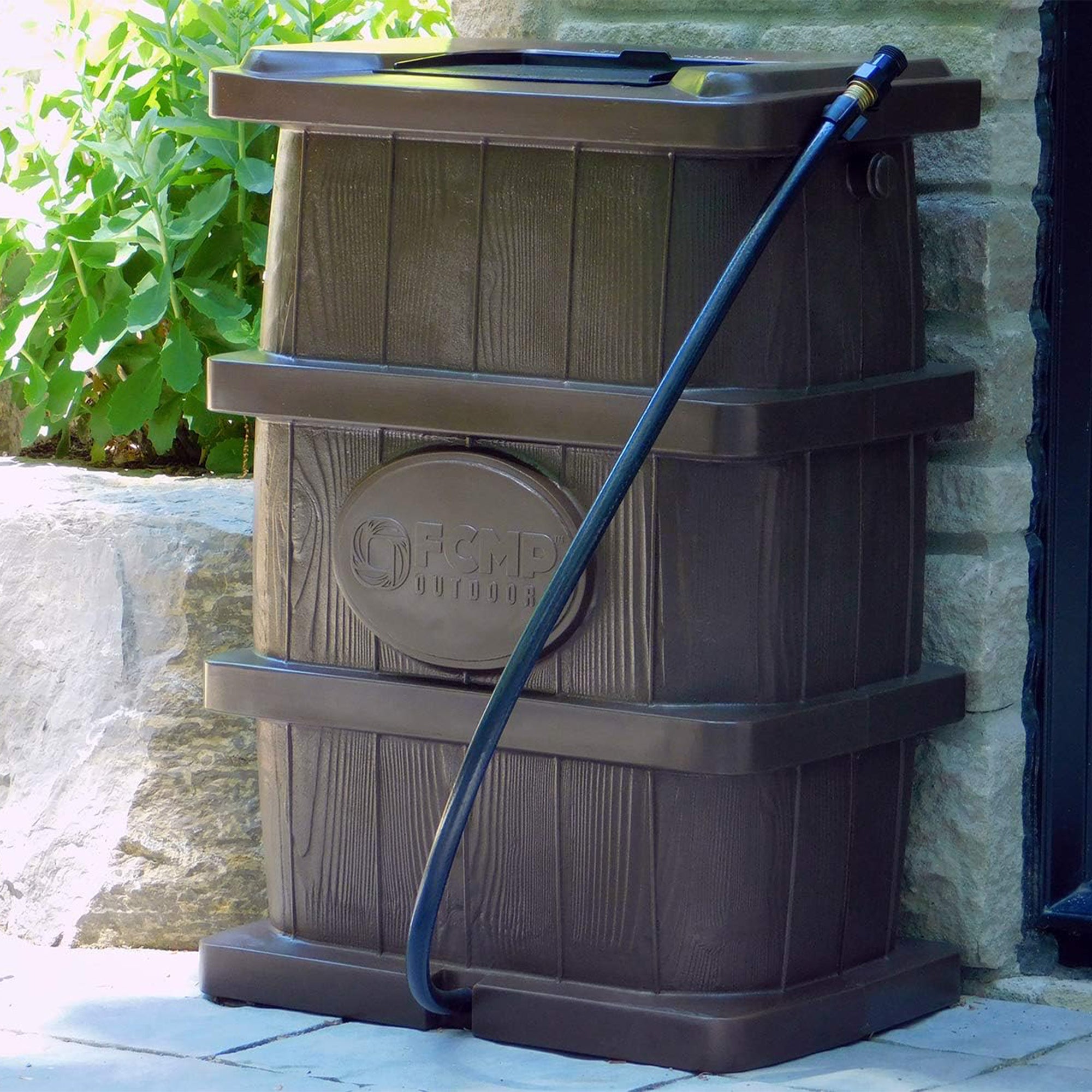 FCMP Outdoor WG4000 45 Gal Wood Grain Rain Water Catcher Barrel Container, Brown - Smart-nests