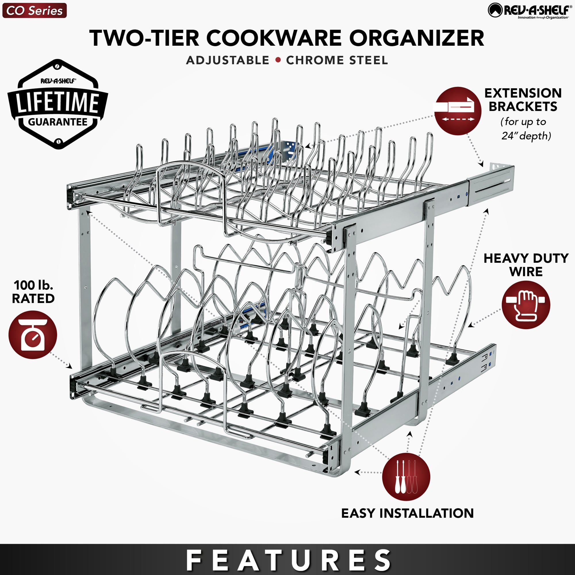 Rev-A-Shelf Pullout Cabinet Pot and Pan Organizer, 20.75" Width, 5CW2-2122-CR