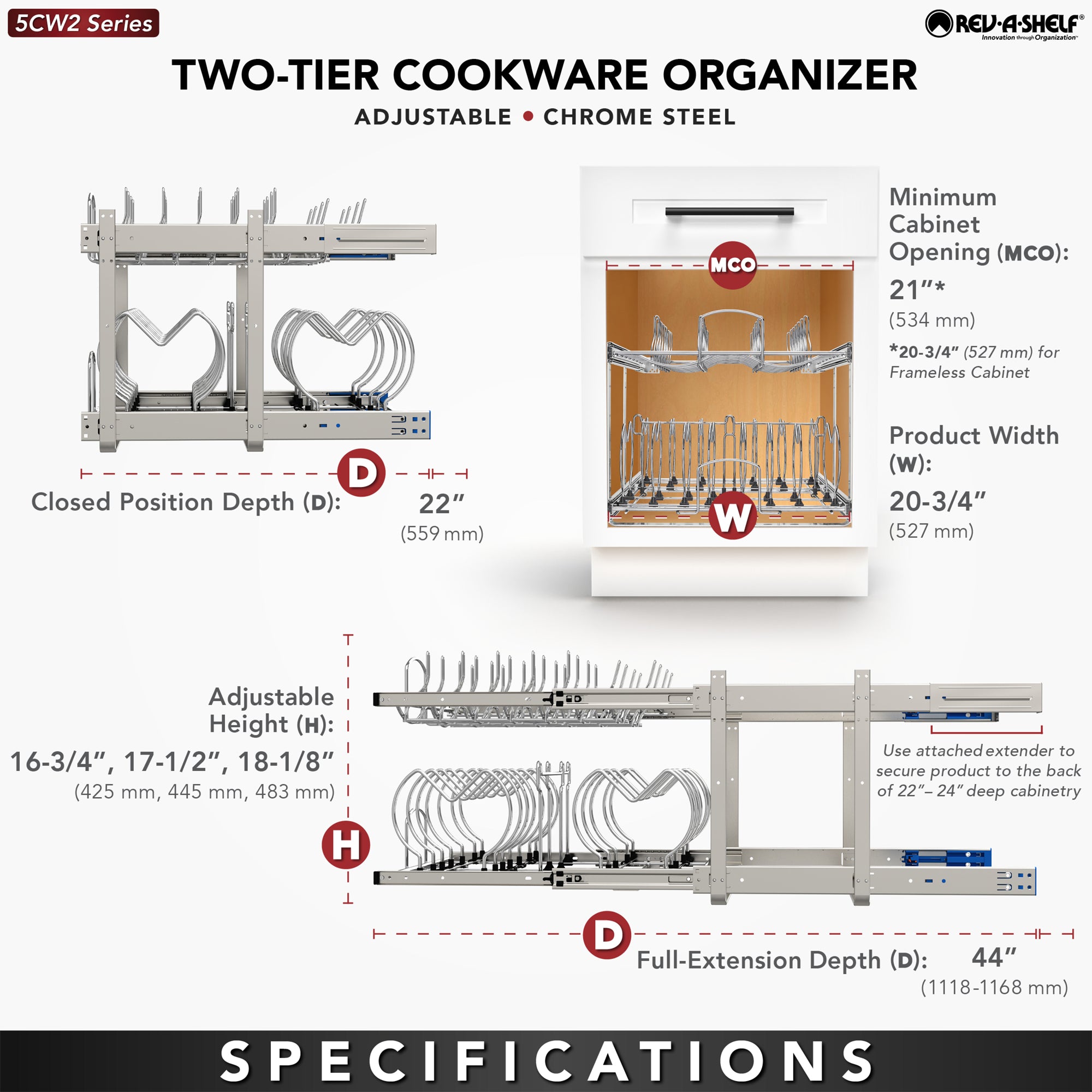 Rev-A-Shelf Pullout Cabinet Pot and Pan Organizer, 20.75" Width, 5CW2-2122-CR