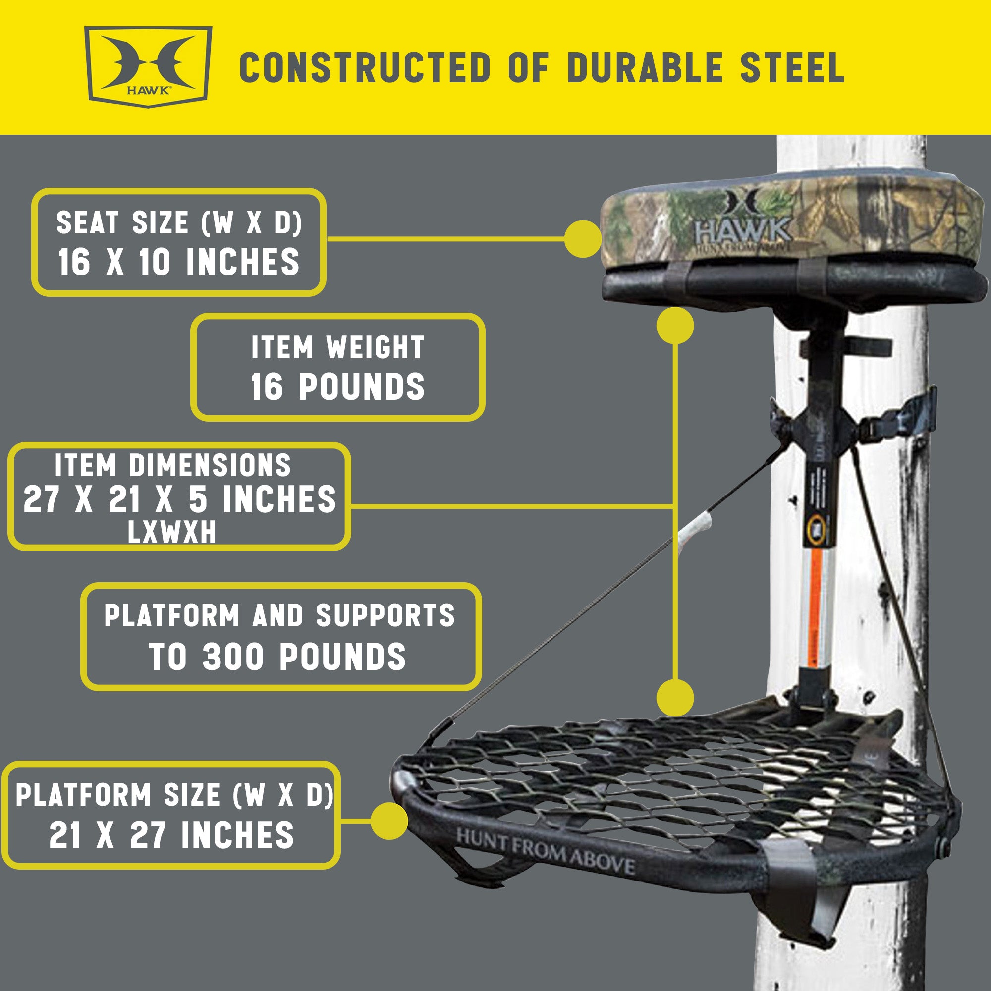 Hawk COMBAT Hang On Tree Stand, Deer Stand with 21 x 27" Saddle Hunting Platform - Smart-nests