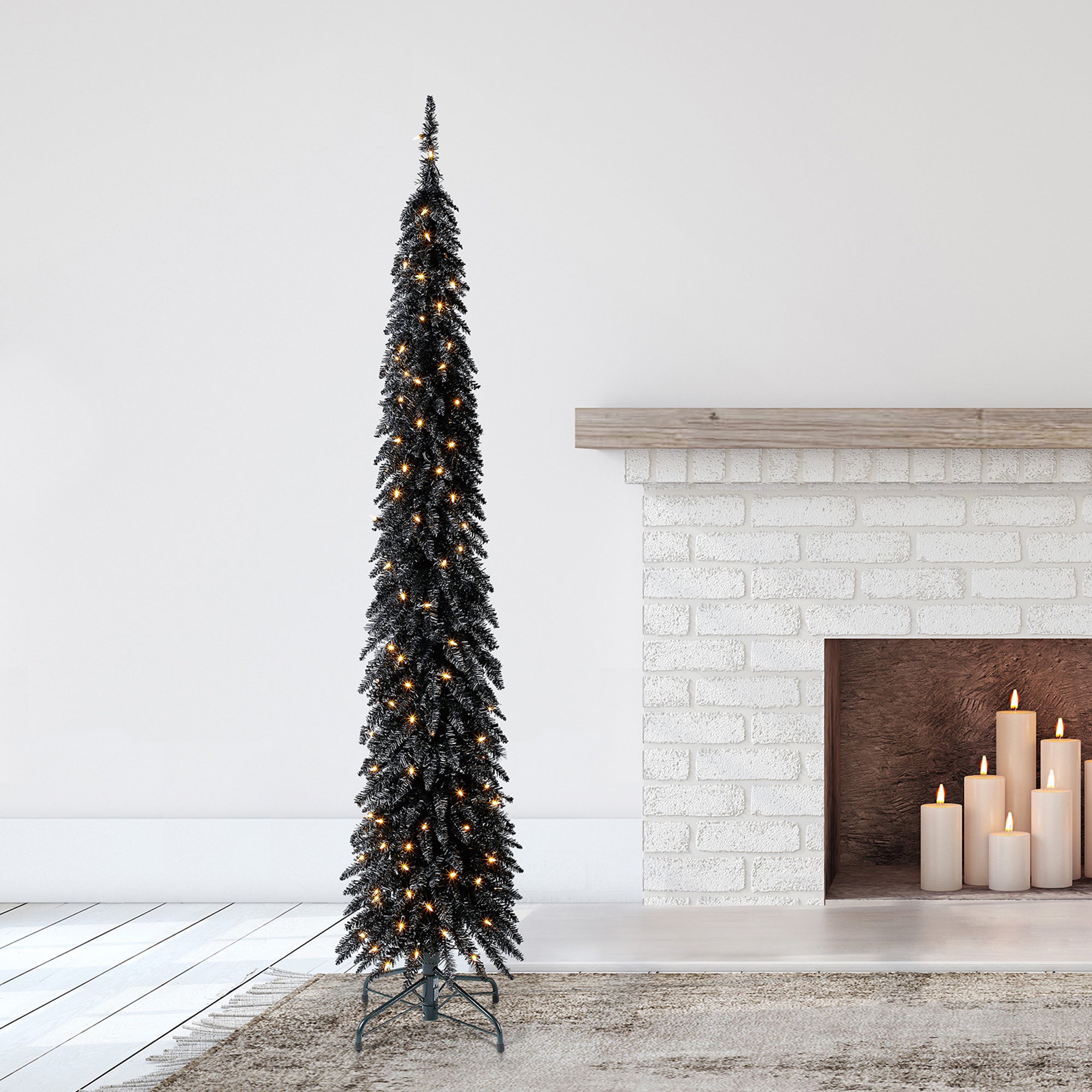 Home Heritage Tinsel 7' Pencil 150 LED Pre-Lit Artificial Christmas Tree, Black - Smart-nests