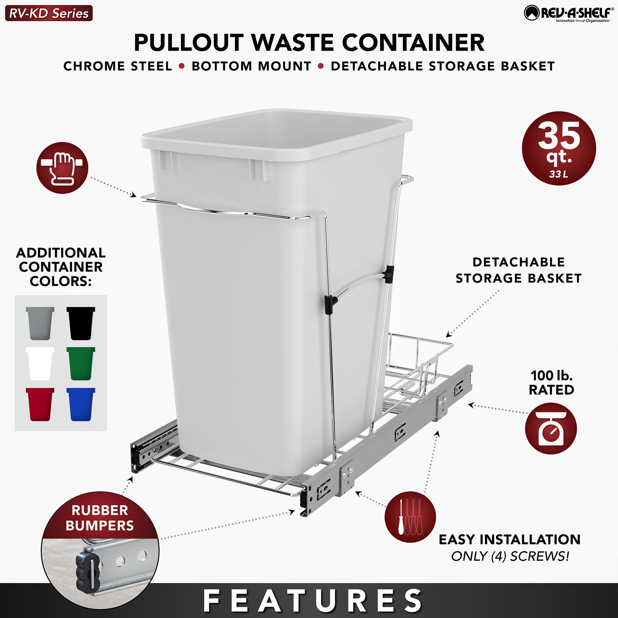 Rev-A-Shelf Pullout Trash Can 35 qt. for Kitchen Cabinets, Black, RV-12KD-18C S - Smart-nests