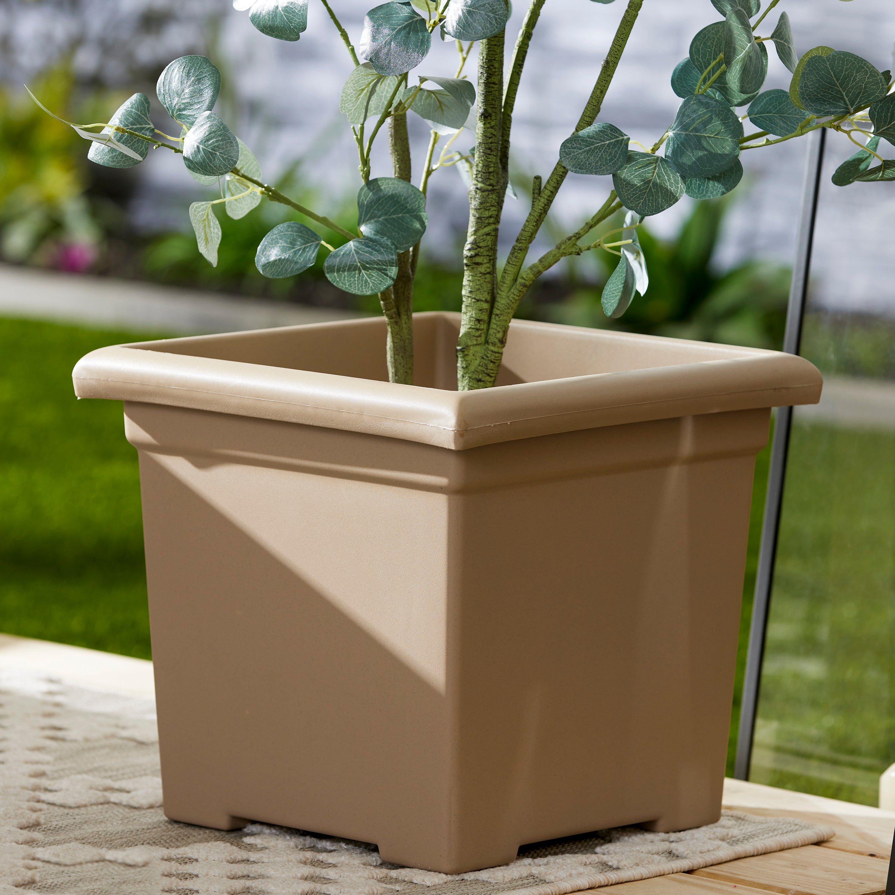 HC Companies 13.25" D x 15.5" W Outdoor Square Accent Planter, Sandstone Tan - Smart-nests