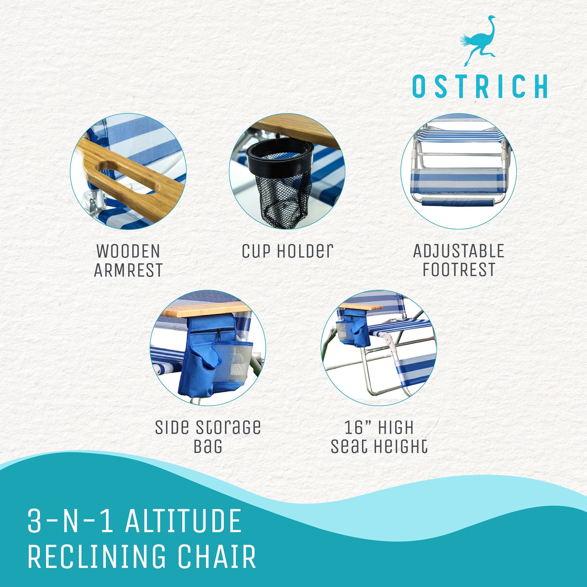 Ostrich Altitude 3N1 High Back Outdoor Beach Lounge Chair with Footrest, Stripe - Smart-nests