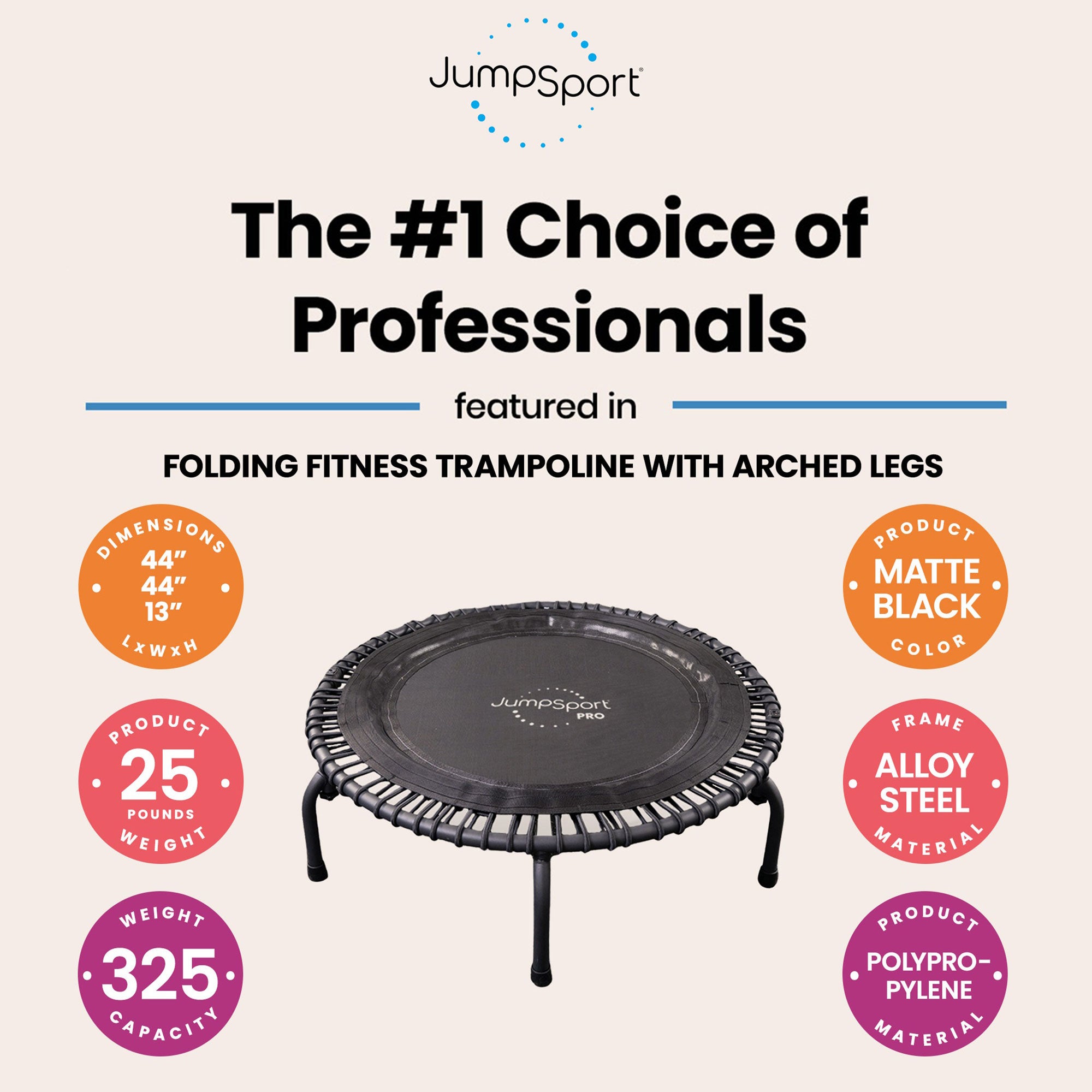 JumpSport 550f PRO Indoor Lightweight 44 Inch Folding Fitness Trampoline, Black - Smart-nests