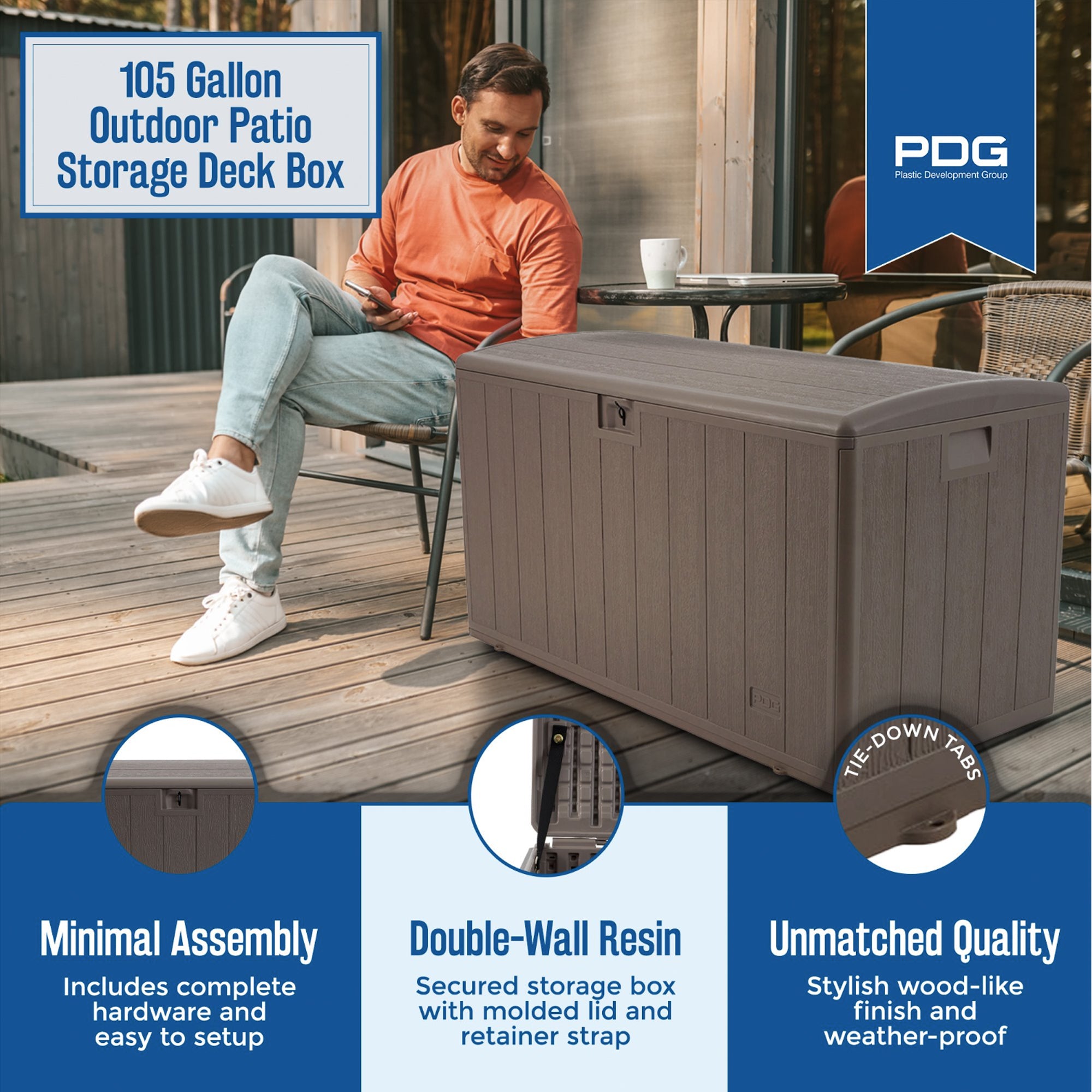 Plastic Development Group 105 Gallon Outdoor Patio Storage Deck Box, Driftwood - Smart-nests