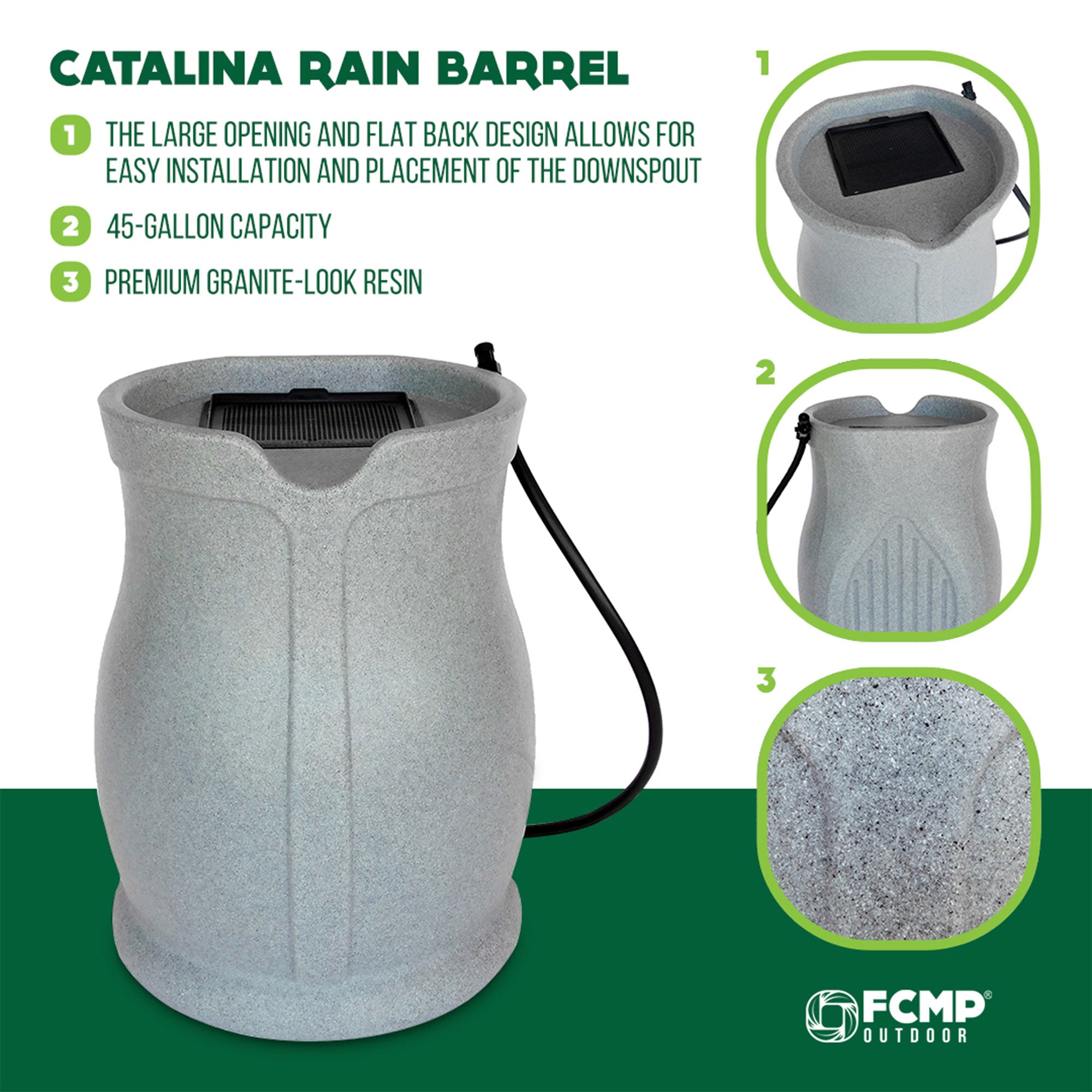 FCMP Outdoor Catalina 45 Gallon Water Outdoor Rain Catcher Barrel, Light Granite - Smart-nests