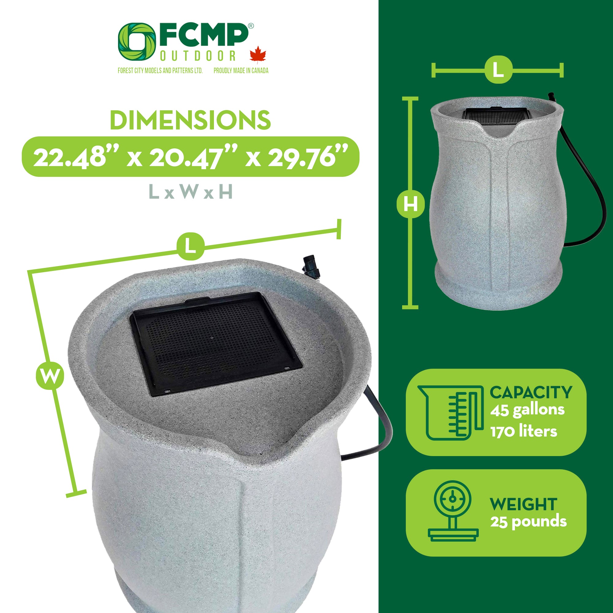 FCMP Outdoor Catalina 45 Gallon Water Outdoor Rain Catcher Barrel, Light Granite - Smart-nests