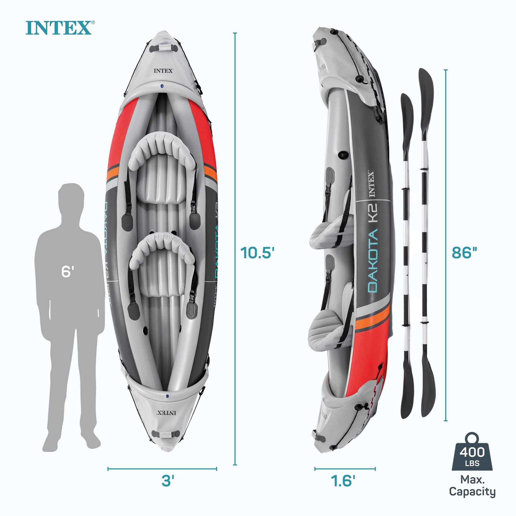 Intex Dakota K2 2 Person Vinyl Inflatable Kayak and Accessory Kit w/ Oars & Pump - Smart-nests