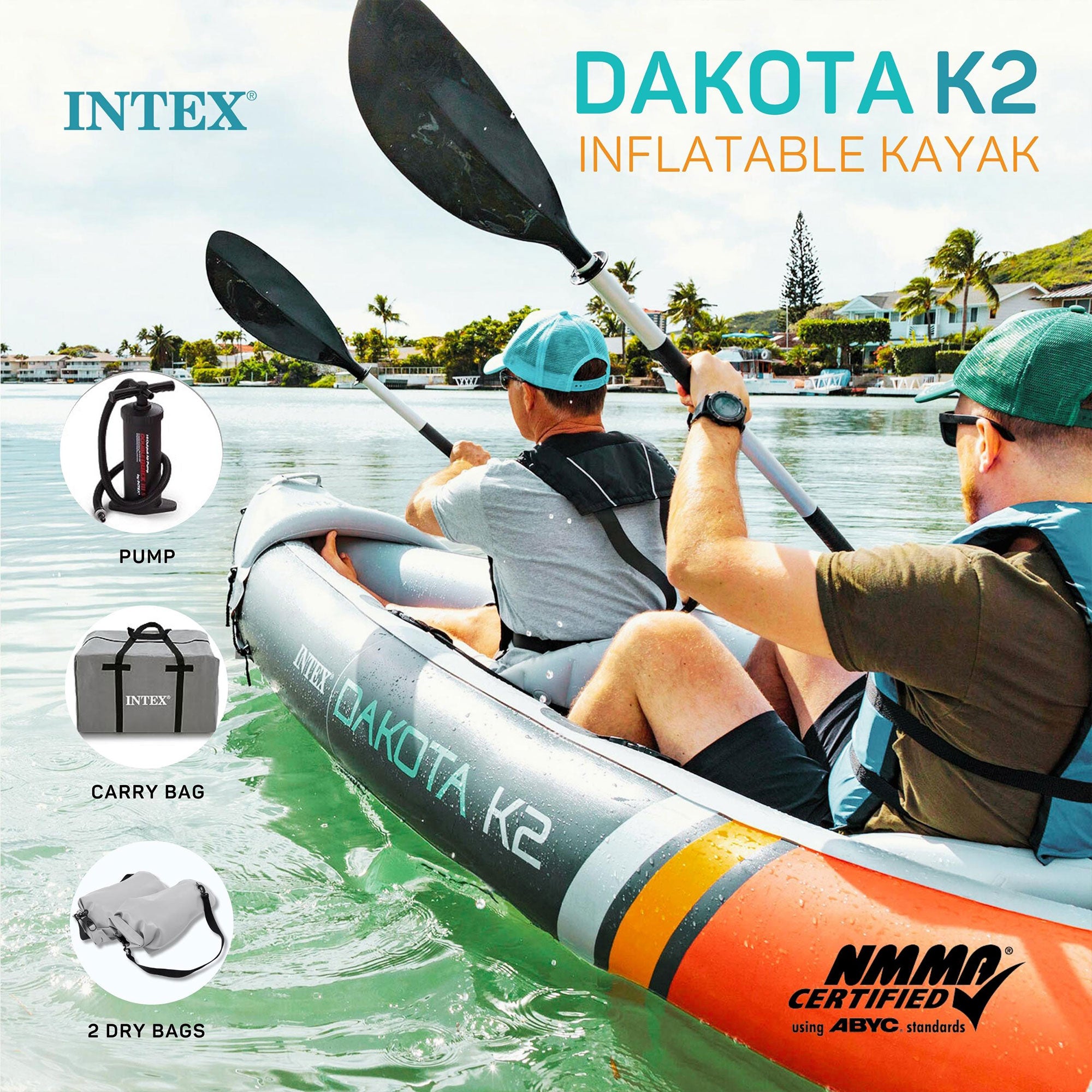 Intex Dakota K2 2 Person Vinyl Inflatable Kayak and Accessory Kit w/ Oars & Pump - Smart-nests