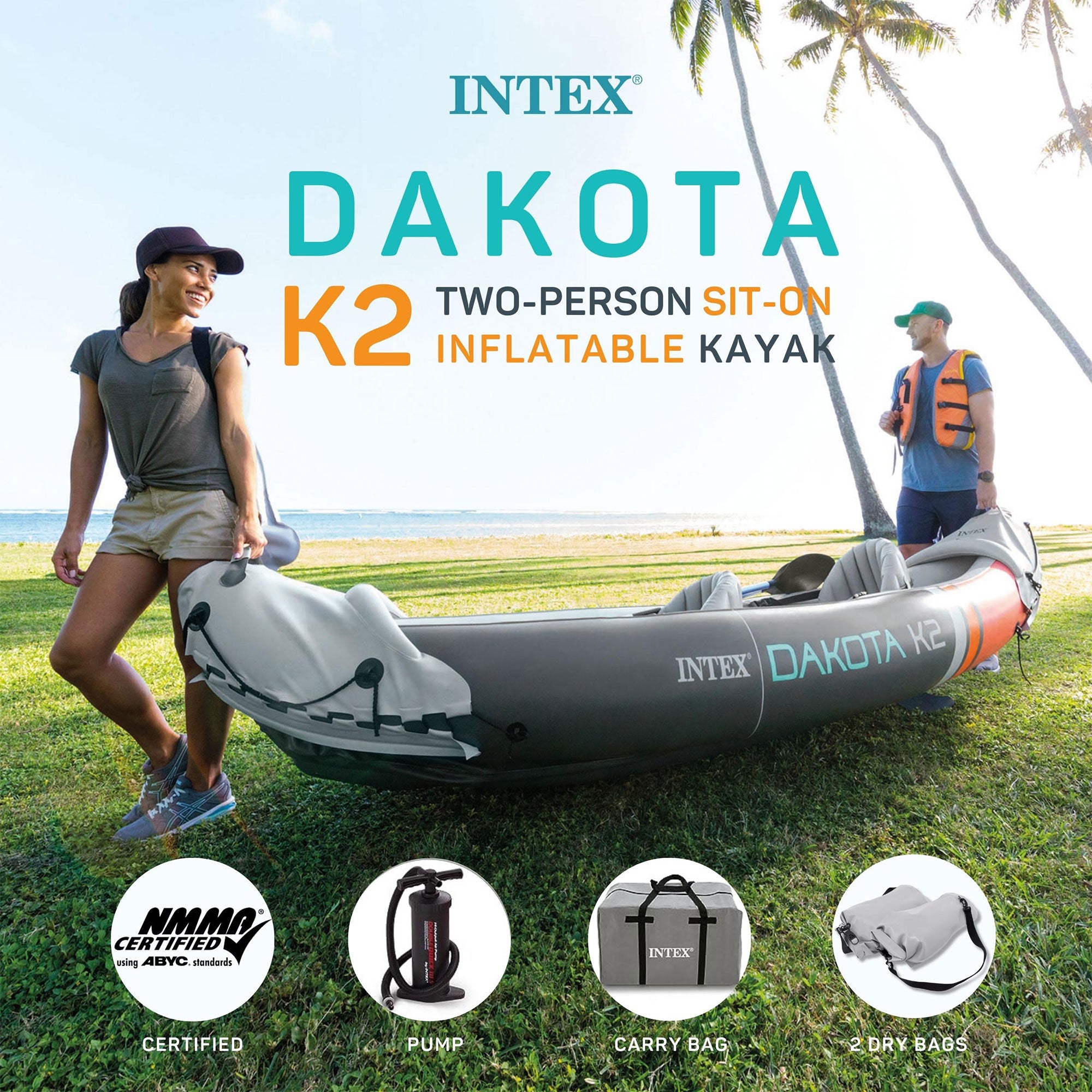 Intex Dakota K2 2 Person Vinyl Inflatable Kayak and Accessory Kit w/ Oars & Pump - Smart-nests