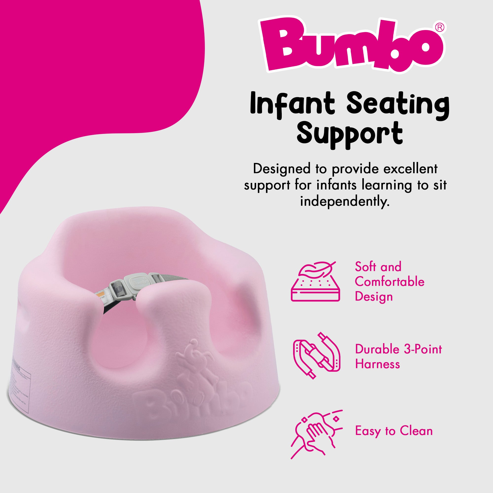 Bumbo Infant Floor Seat Baby Sit Up Chair with Adjustable Harness, Cradle Pink