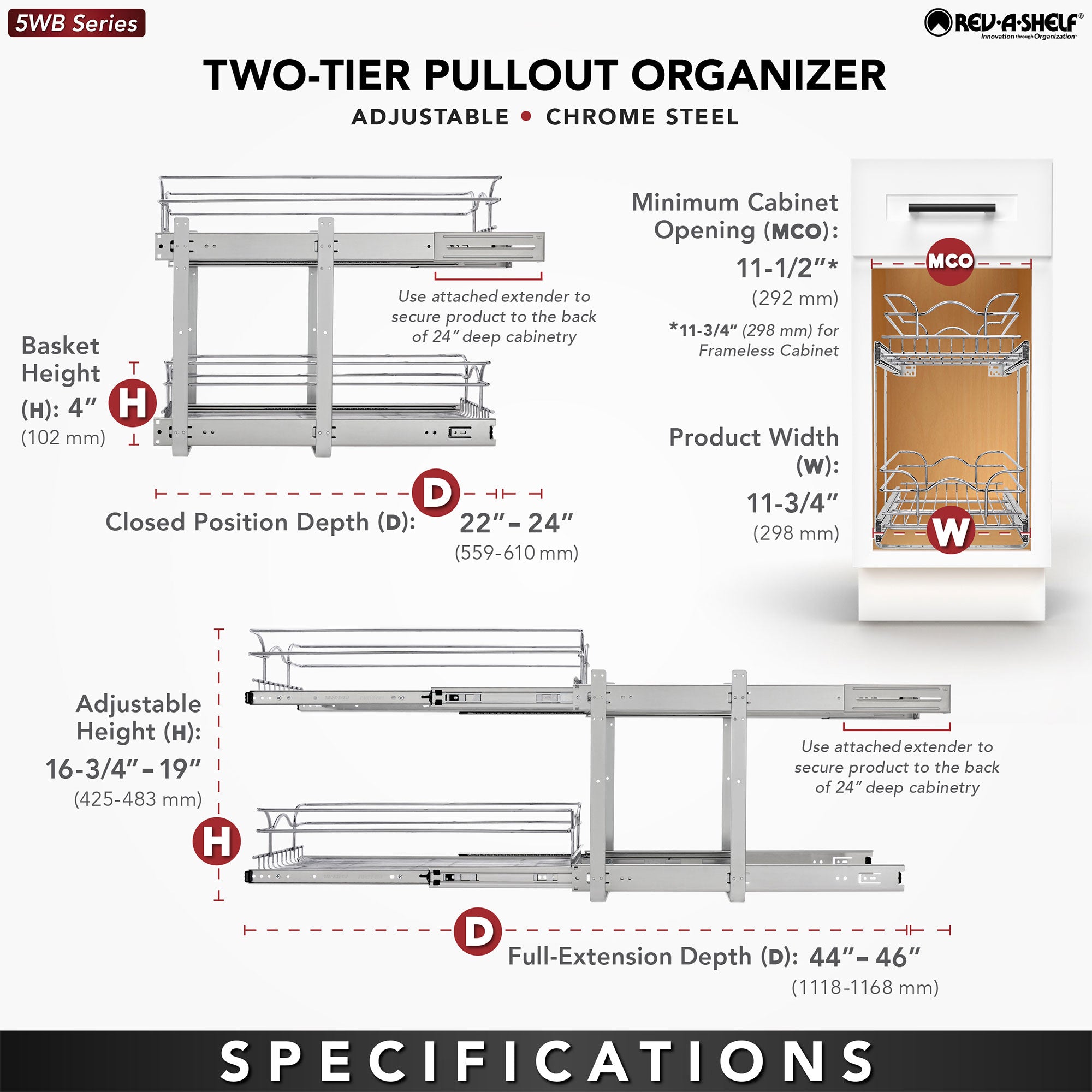 Rev-A-Shelf Kitchen Cabinet Pullout Shelf Organizer, 12 x 22 In, 5WB2-1222CR-1