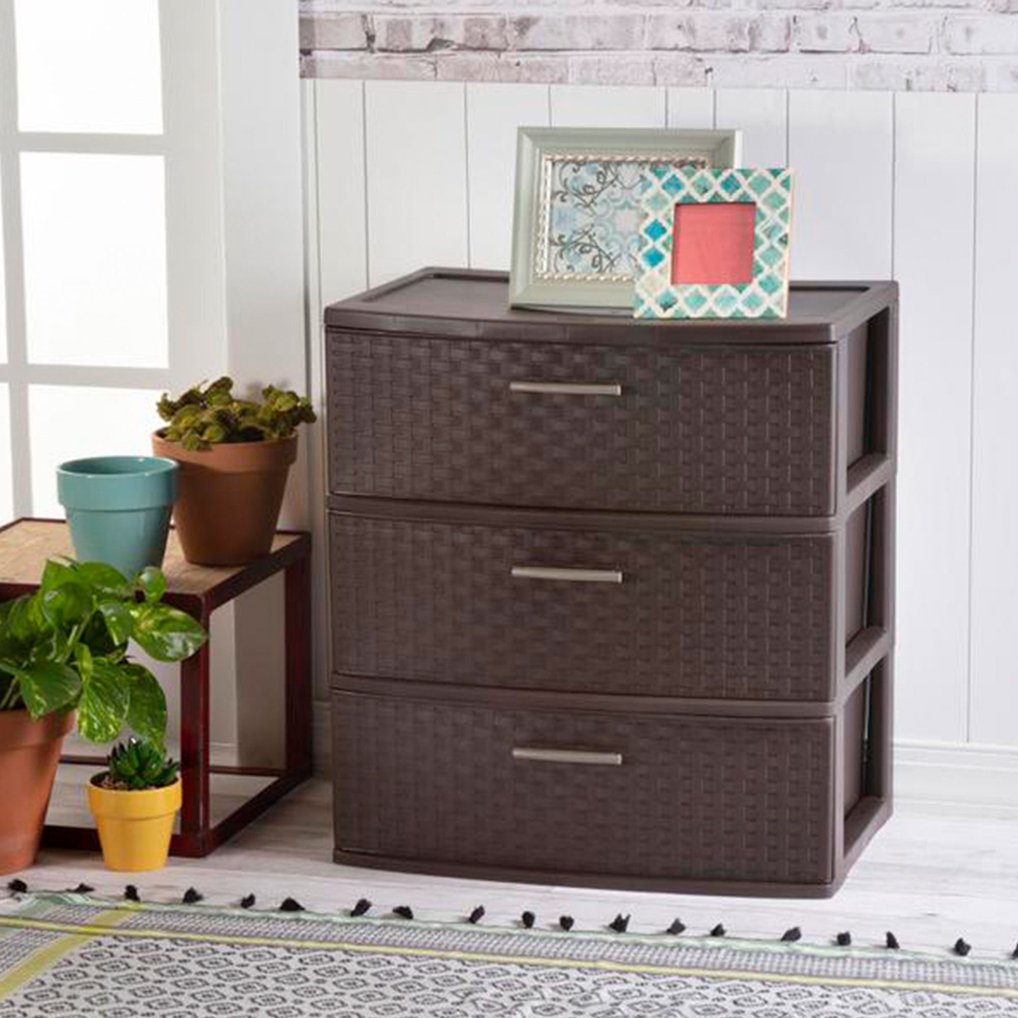 Sterilite 3 Drawer Wide Weave Storage Tower, Plastic Organizer Drawers, Brown - Smart-nests