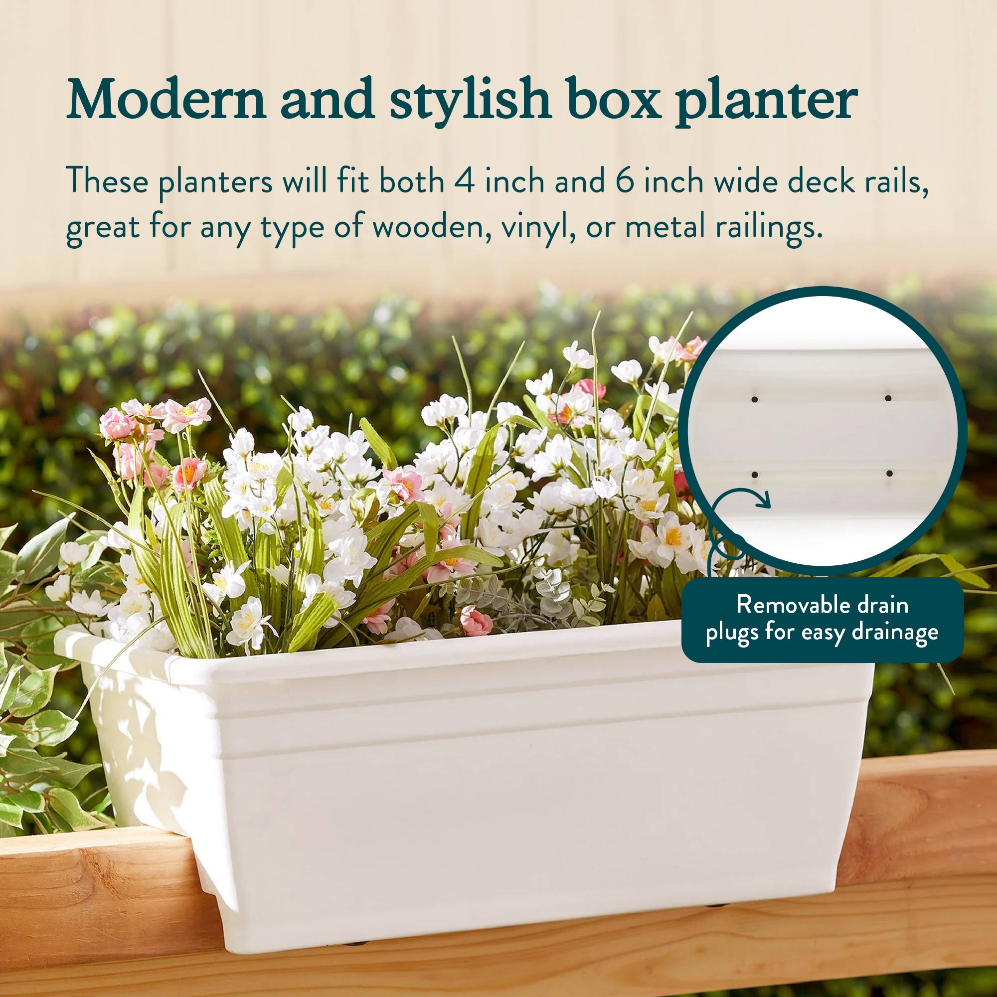 HC Companies 24 Inch Deck Rail Box Planter with Drainage Holes, White (4 Pack) - Smart-nests