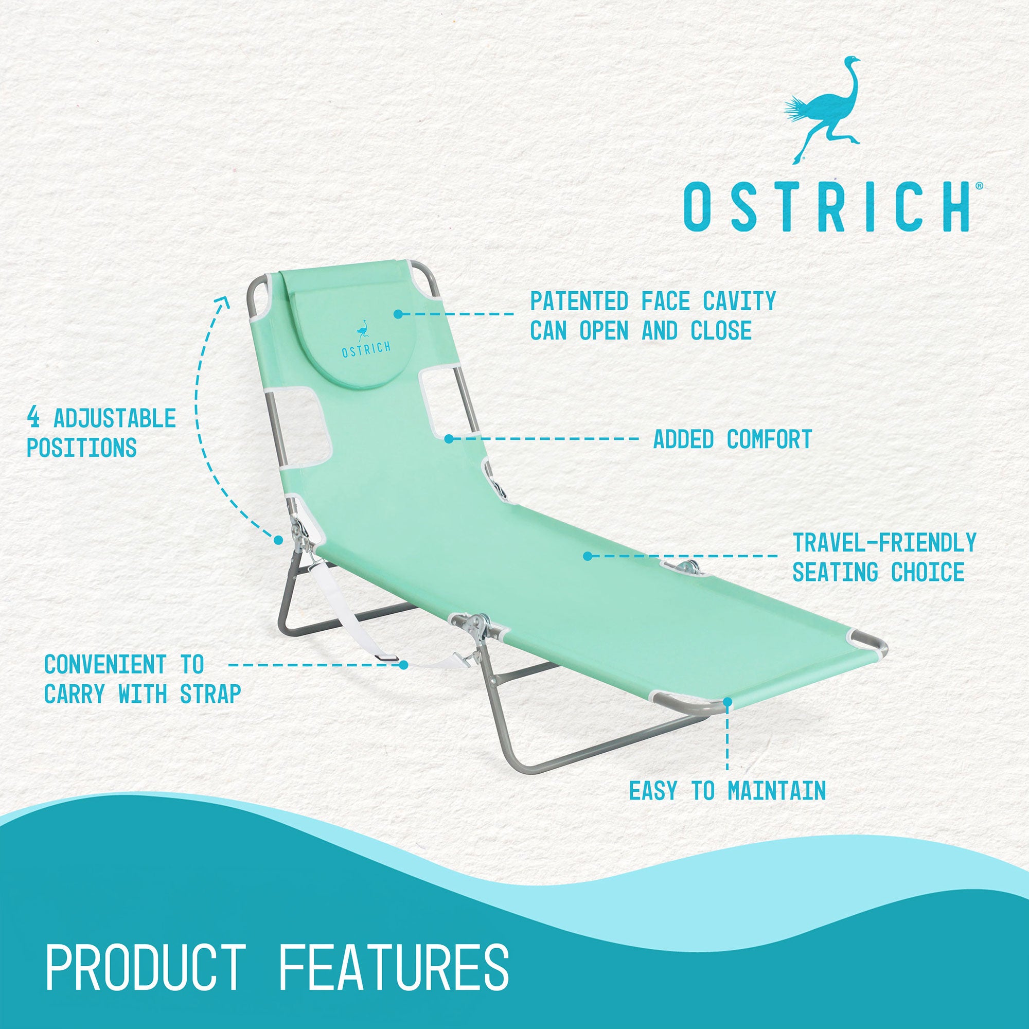Ostrich Chaise Lounge, Portable Facedown Beach Camping Pool Tanning Chair, Teal - Smart-nests