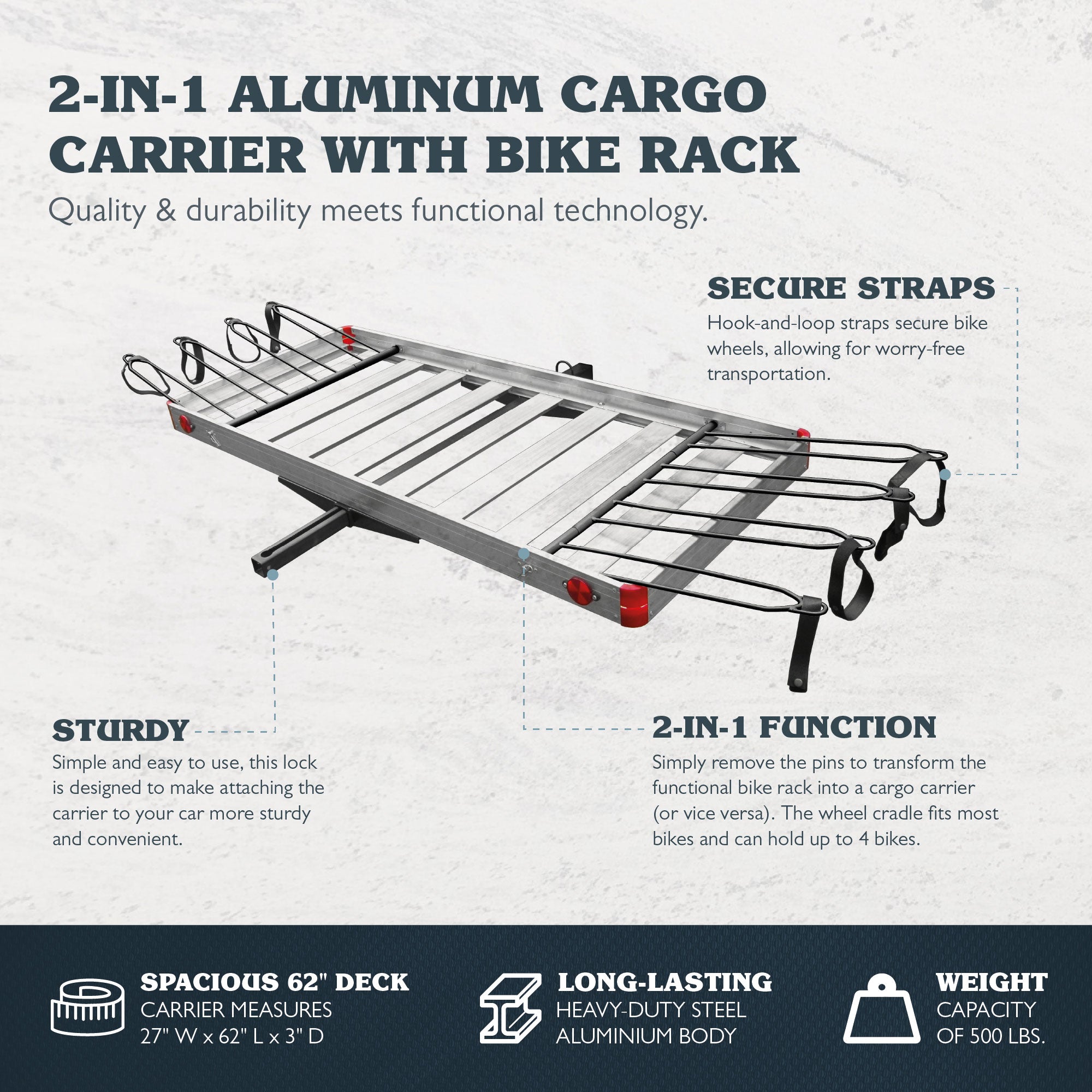 Tow Tuff TTF-2762ACBR Heavy Duty 2-in-1 Aluminum Cargo Carrier with Bike Rack - Smart-nests