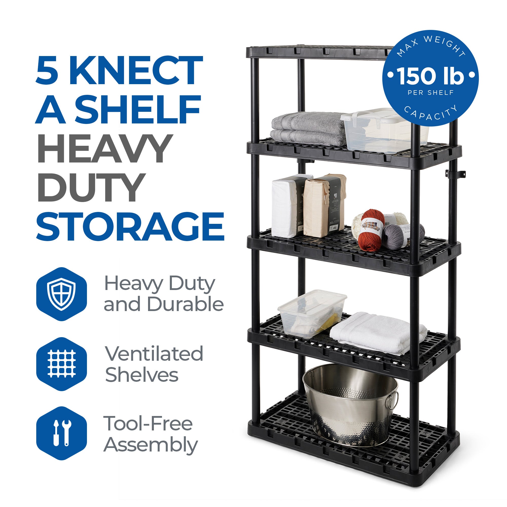 Gracious Living 5 Shelf Knect-A-Shelf Ventilated Heavy Duty Storage Unit, Black - Smart-nests