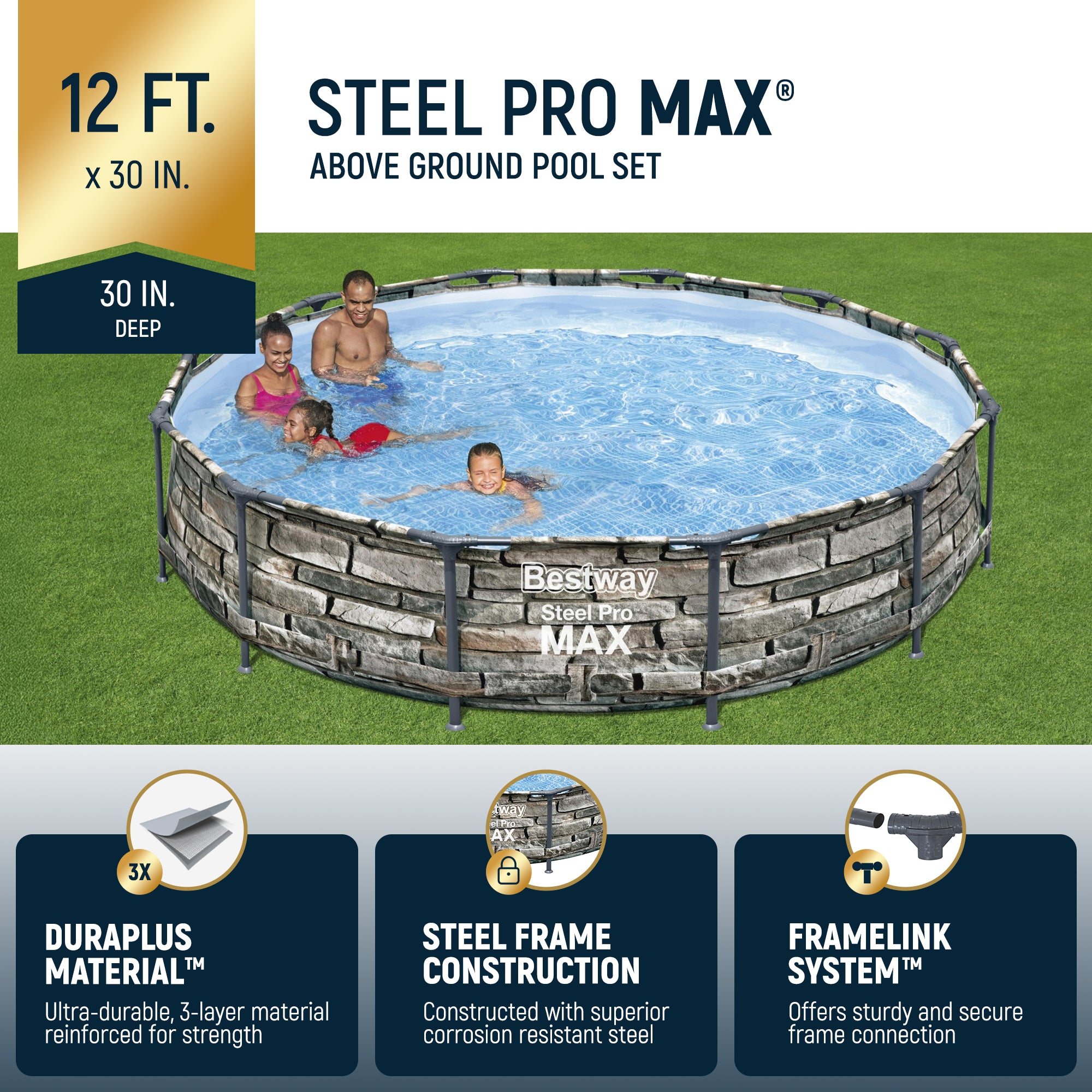 Bestway 56817E 12' x 30" Steel Pro Max Round Above Ground Swimming Pool w/ Pump - Smart-nests