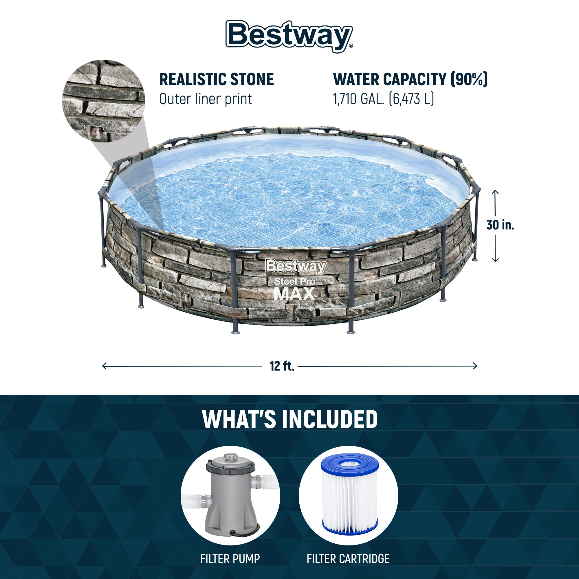 Bestway 56817E 12' x 30" Steel Pro Max Round Above Ground Swimming Pool w/ Pump - Smart-nests