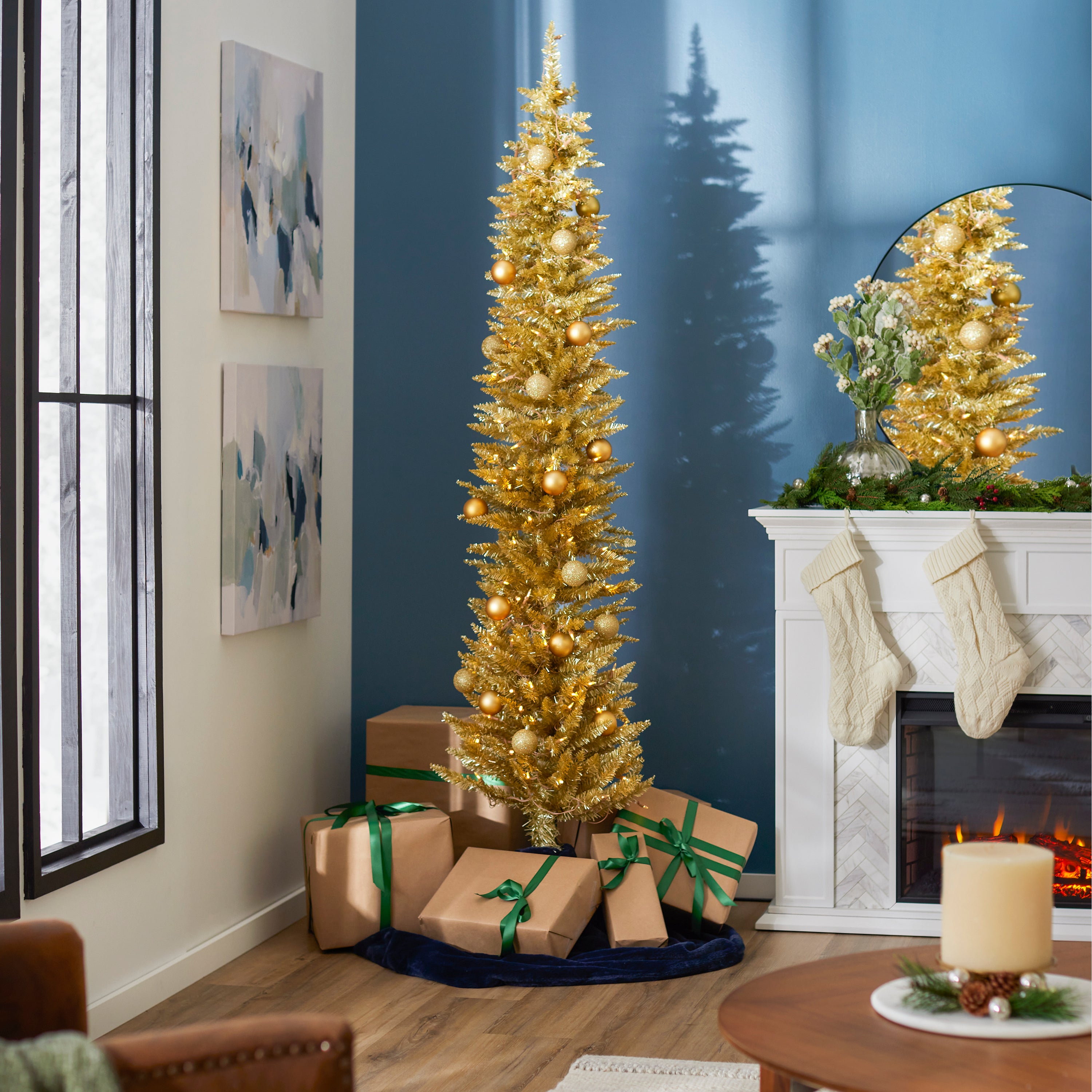 Home Heritage Tinsel 7' Pencil 150 LED Pre-Lit Artificial Christmas Tree, Gold - Smart-nests