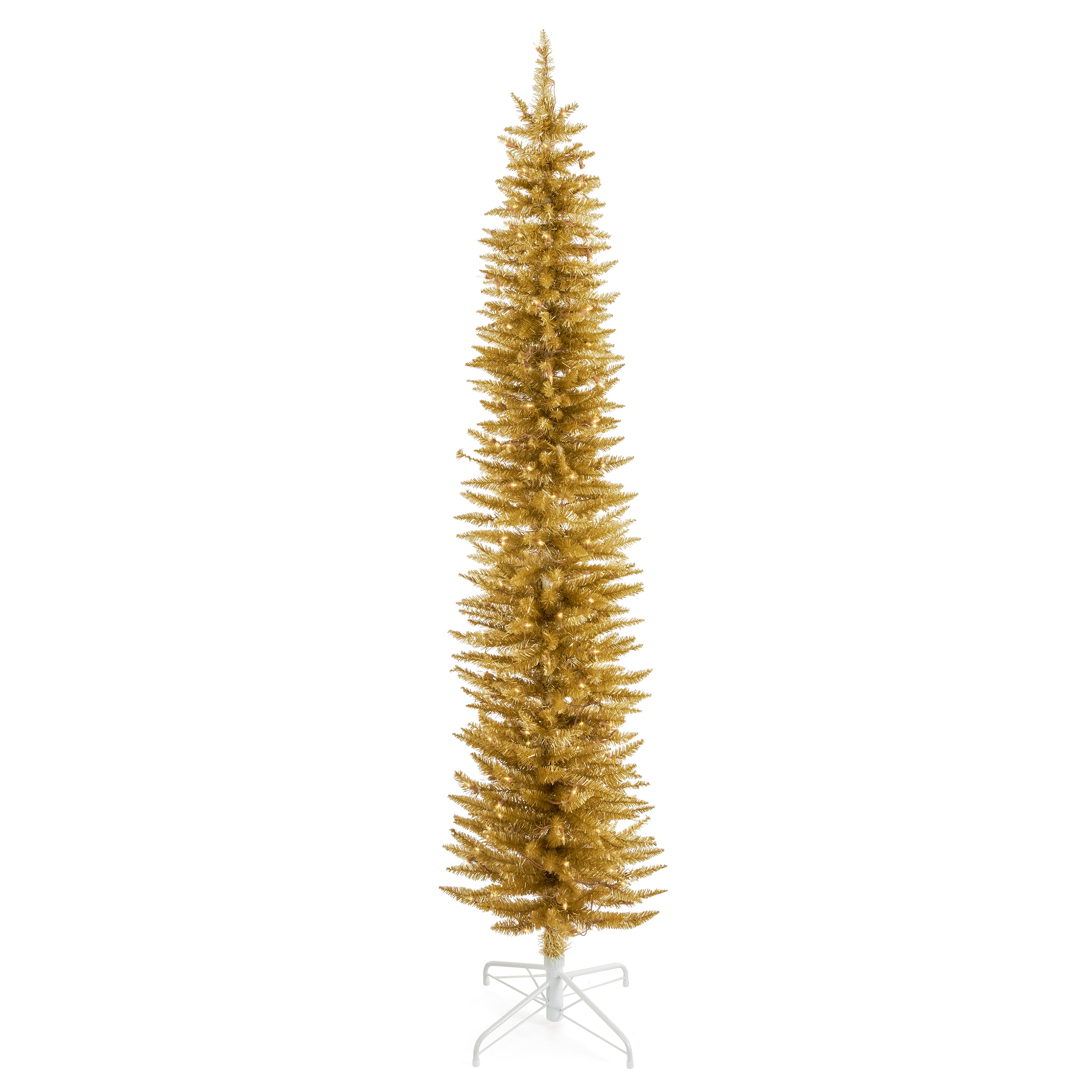 Home Heritage Tinsel 7' Pencil 150 LED Pre-Lit Artificial Christmas Tree, Gold - Smart-nests