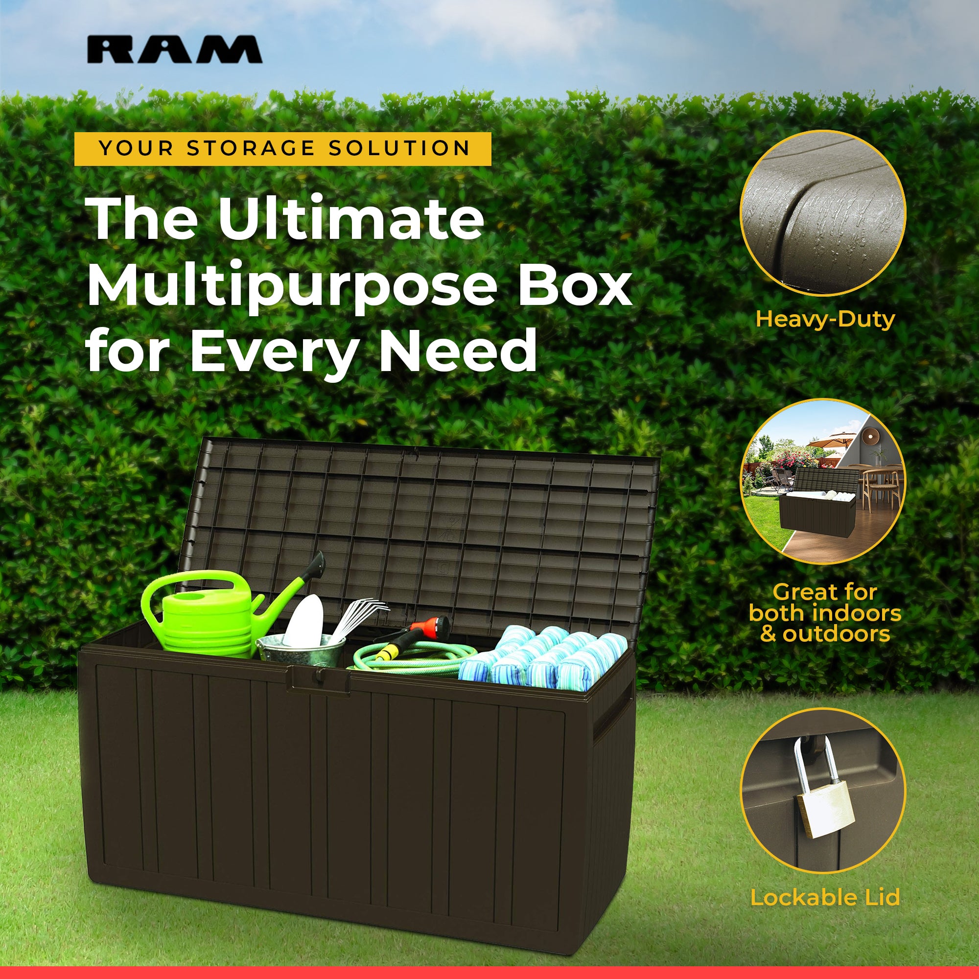 Ram Quality Products Outdoor Backyard Patio Storage Deck Box, 71 Gallon, Brown - Smart-nests