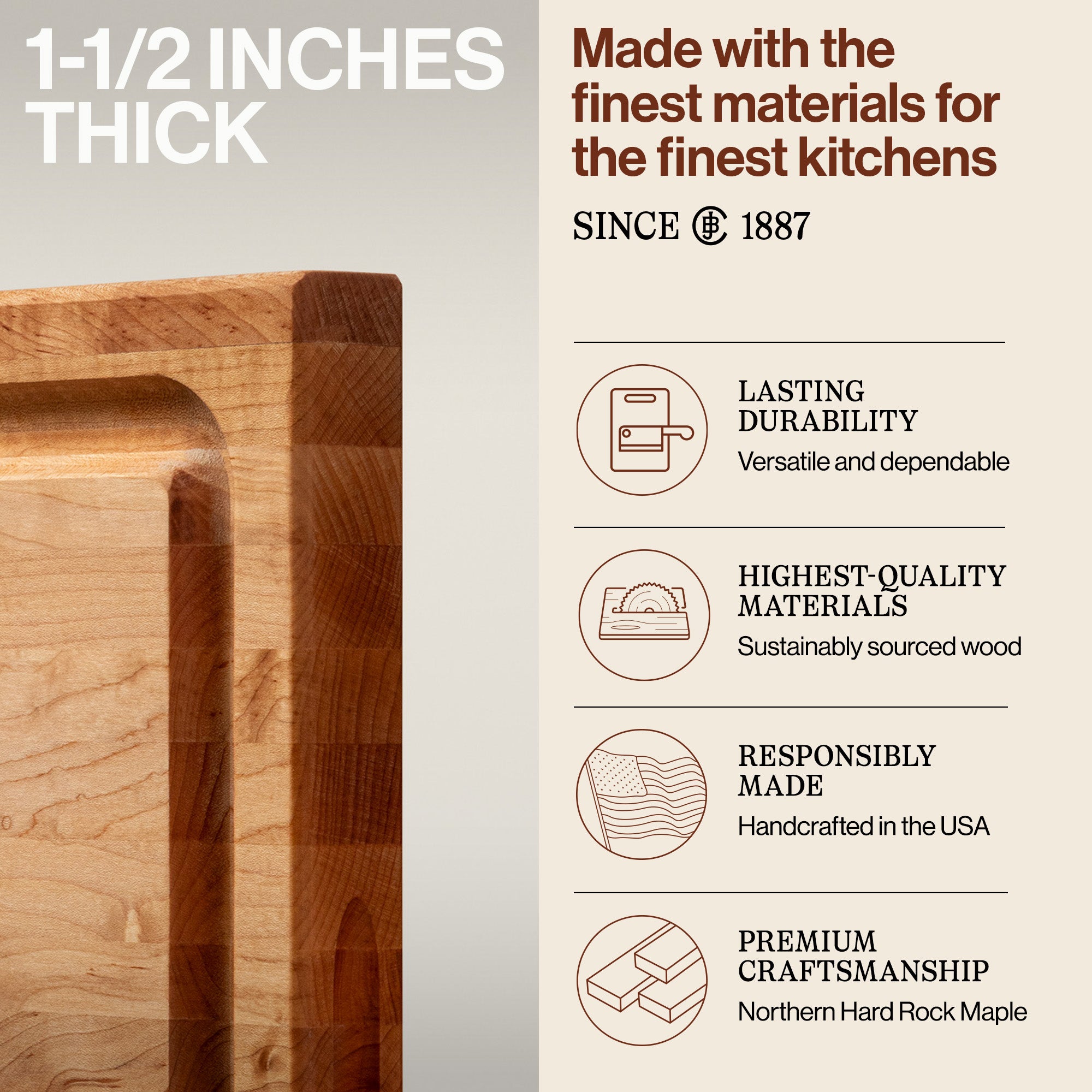 John Boos Large Maple Wood Edge Grain Reversible Cutting Board, 24" x 18" x 1.5" - Smart-nests