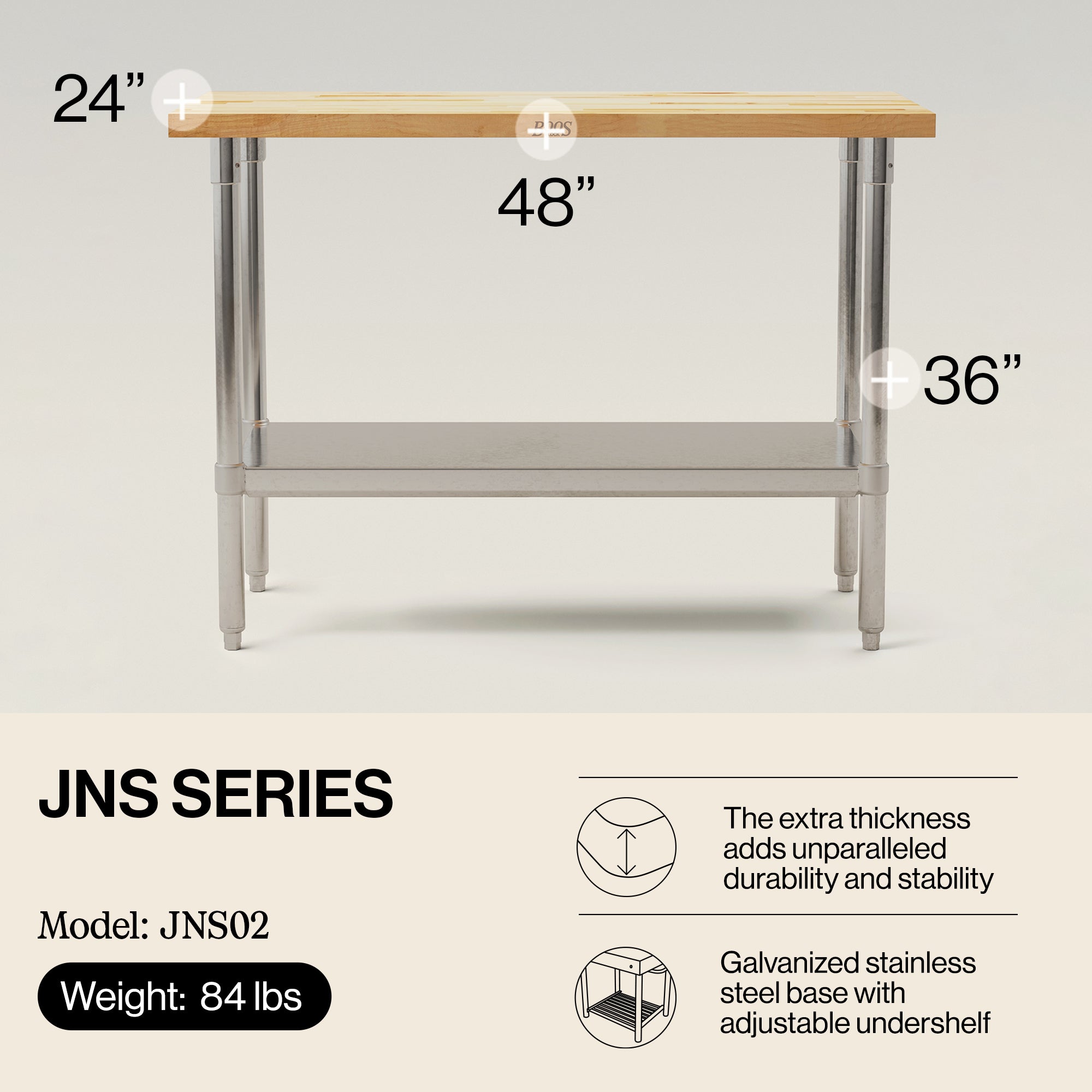 John Boos Maple Wood Top Work Table with Adjustable Lower Shelf, 48 x 24 x 1.5" - Smart-nests