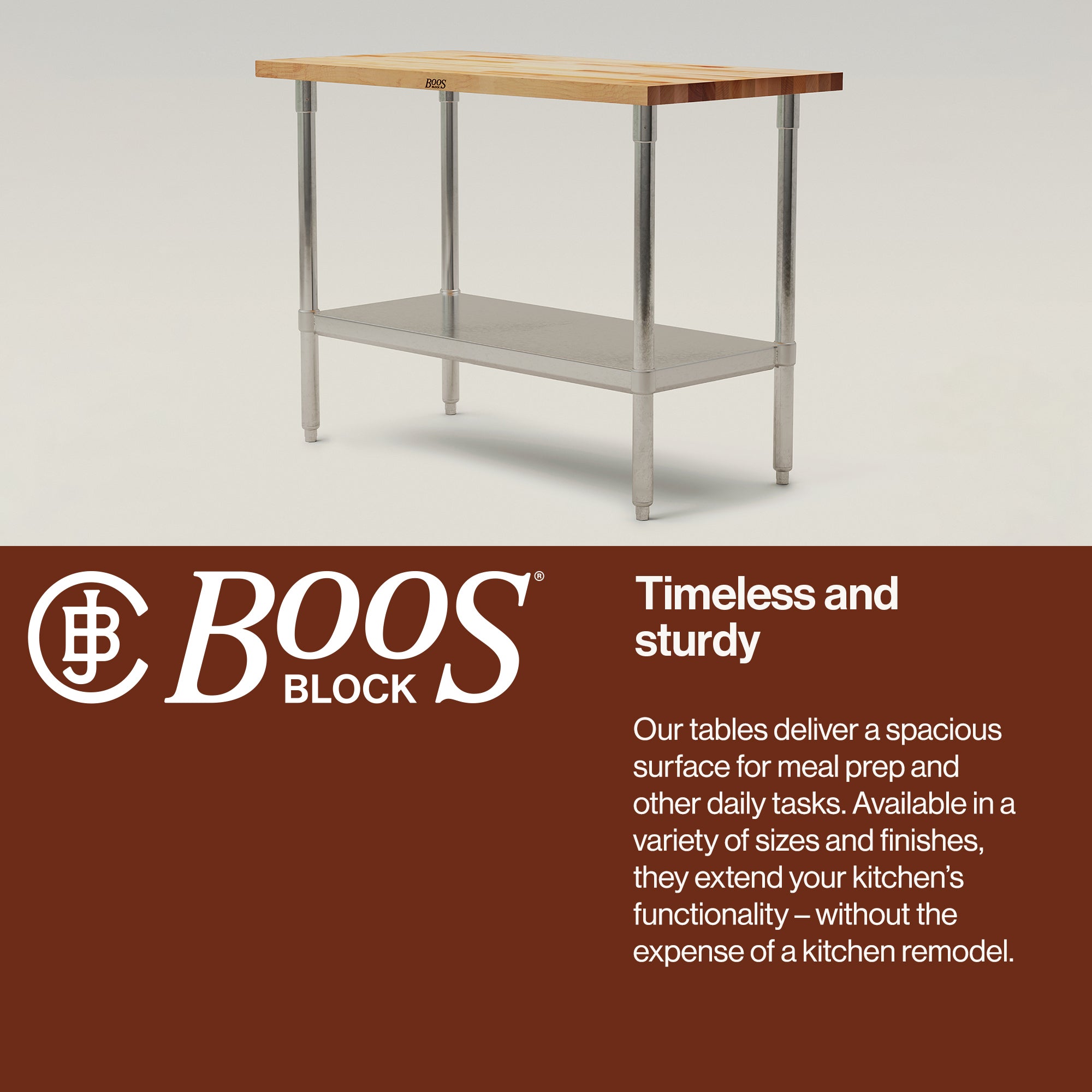 John Boos Maple Wood Top Work Table with Adjustable Lower Shelf, 48 x 24 x 1.5" - Smart-nests