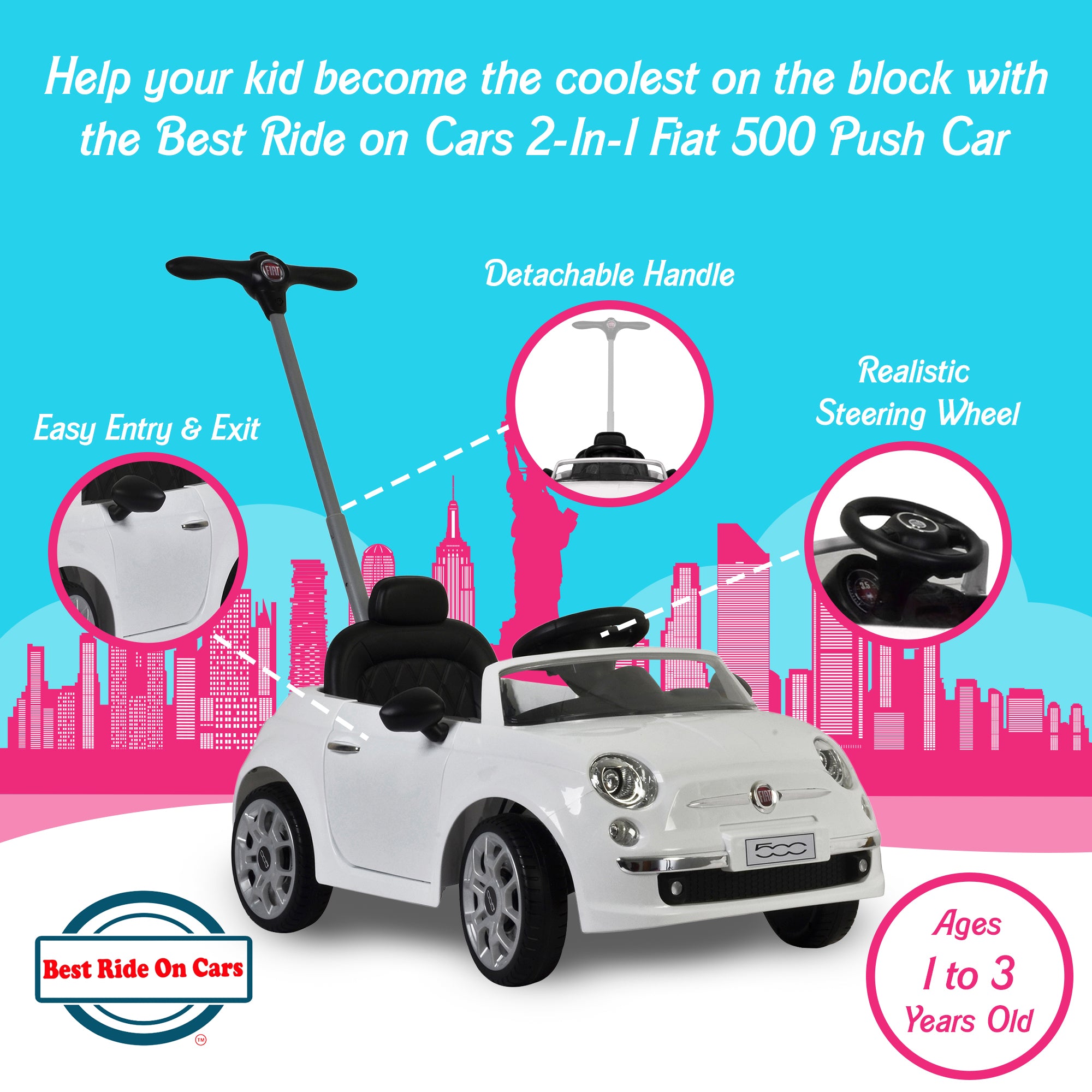Best Ride On Cars 2-n-1 Fiat 500 Model Baby Toddler Toy Push Car Stroller, White - Smart-nests