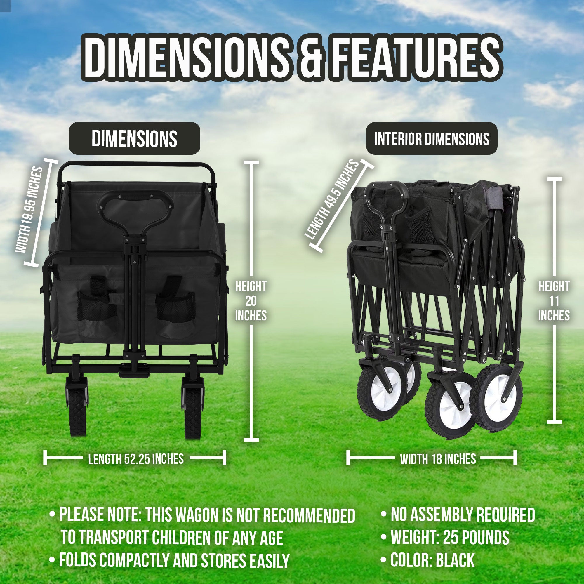 Mac Sports Xtender 52" Extra Long Collapsible Utility Storage Wagon Cart, Black - Smart-nests