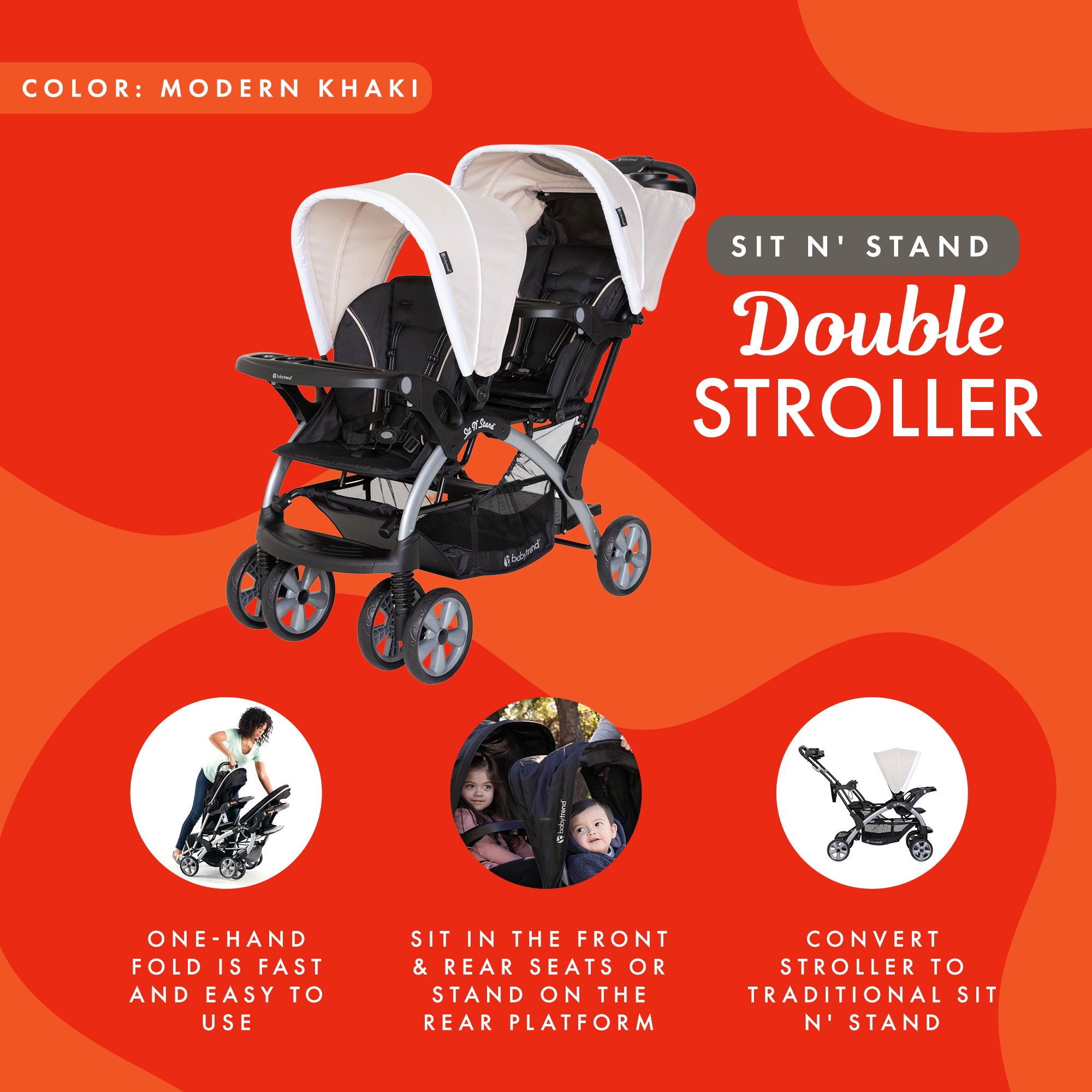 Baby Trend Sit N' Stand Easy Fold Travel Toddler & Baby Double Stroller, Khaki - Smart-nests
