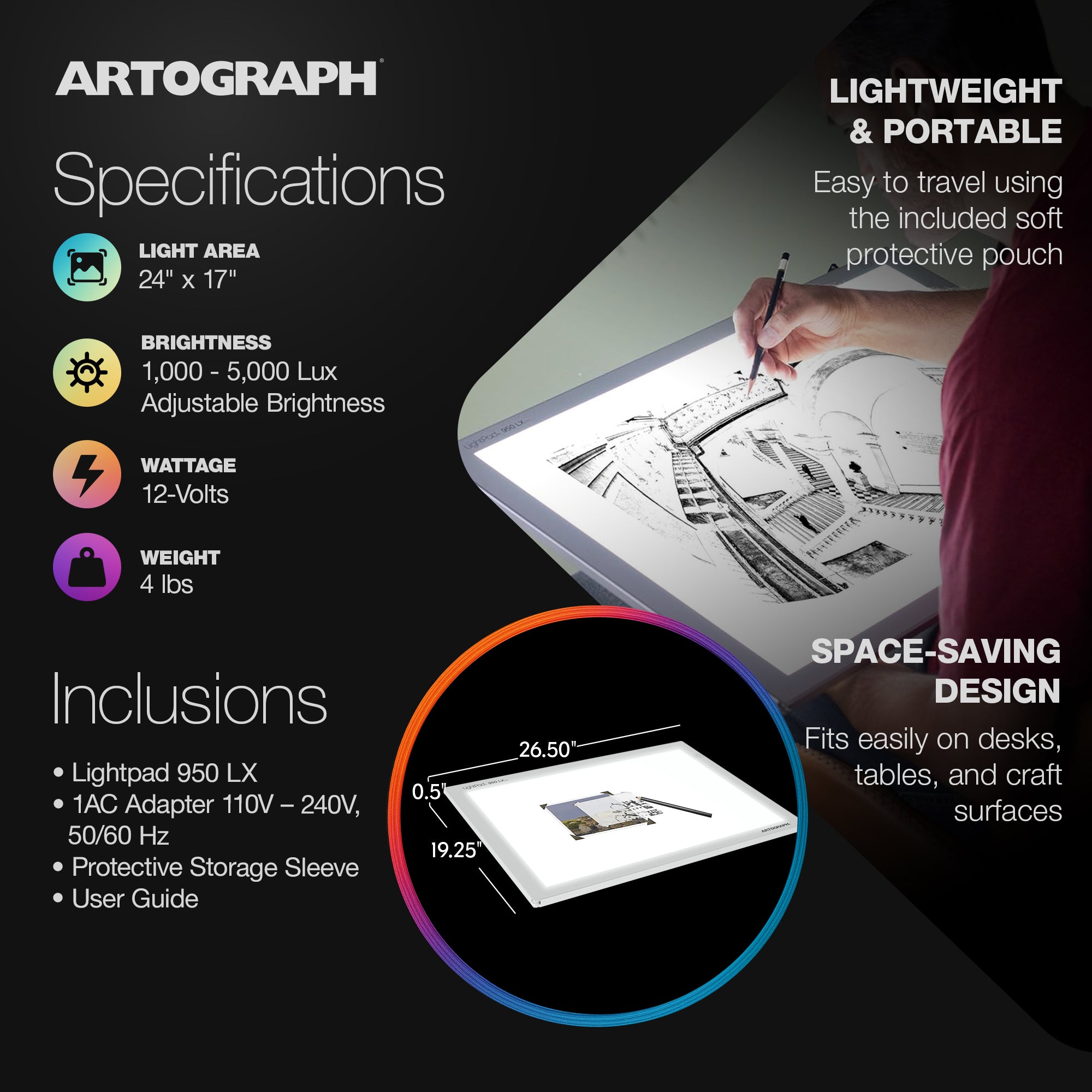 Artograph LightPad 950 LX  24" x 17" Dimmable LED Light Box for Tracing/Drawing - Smart-nests