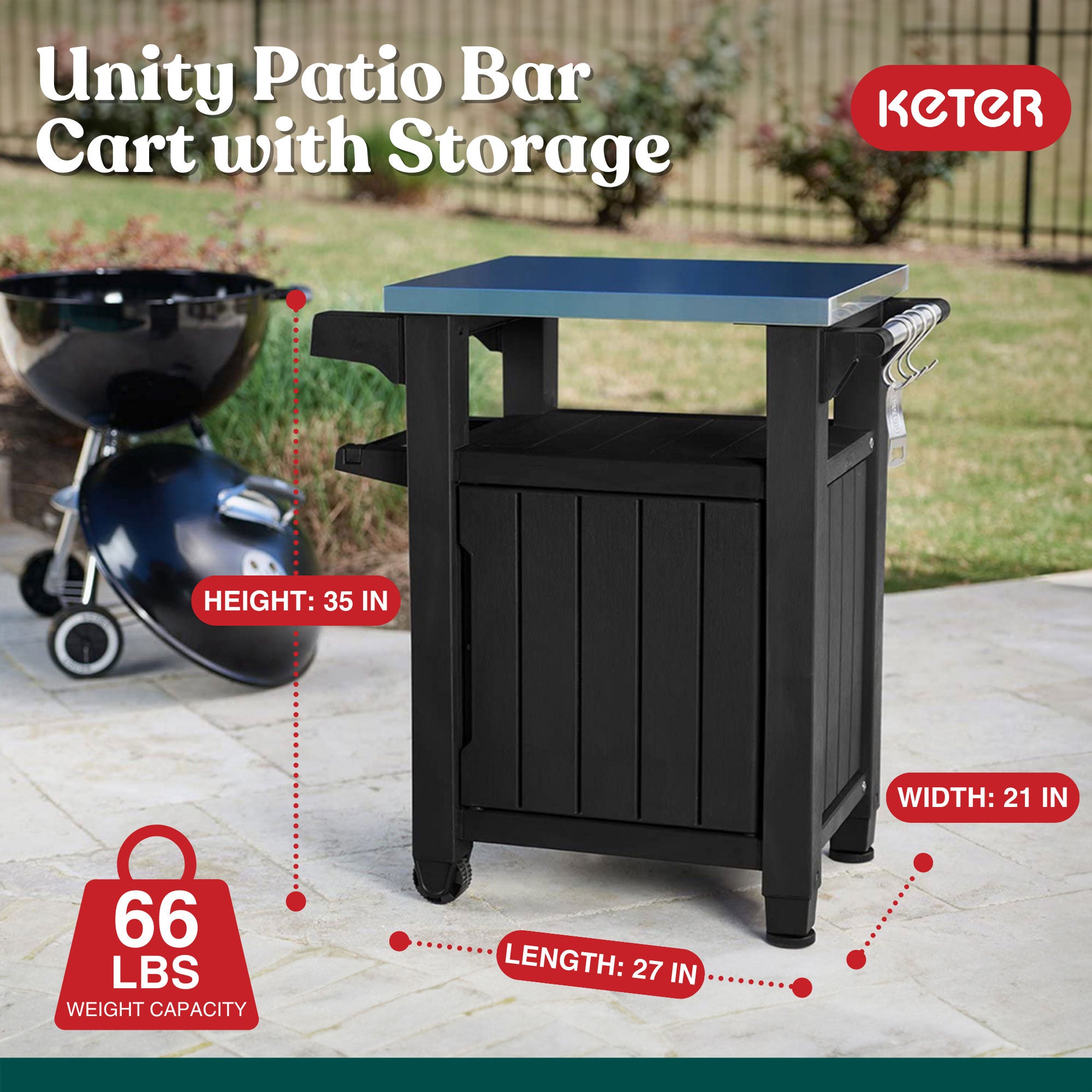 Keter Unity 40 Gal Patio Storage Grilling Bar Cart w/ Stainless Steel Top, Grey - Smart-nests