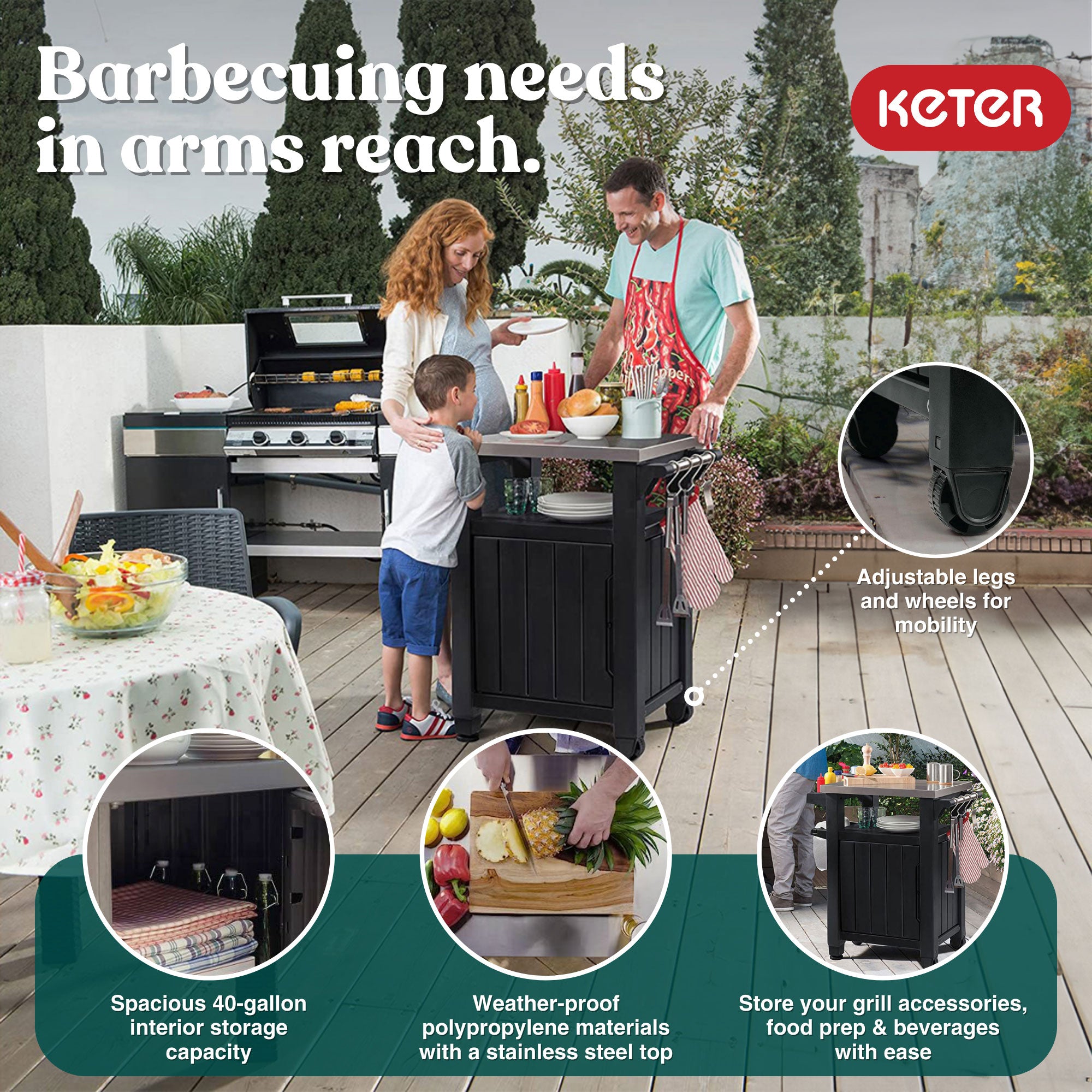 Keter Unity 40 Gal Patio Storage Grilling Bar Cart w/ Stainless Steel Top, Grey - Smart-nests