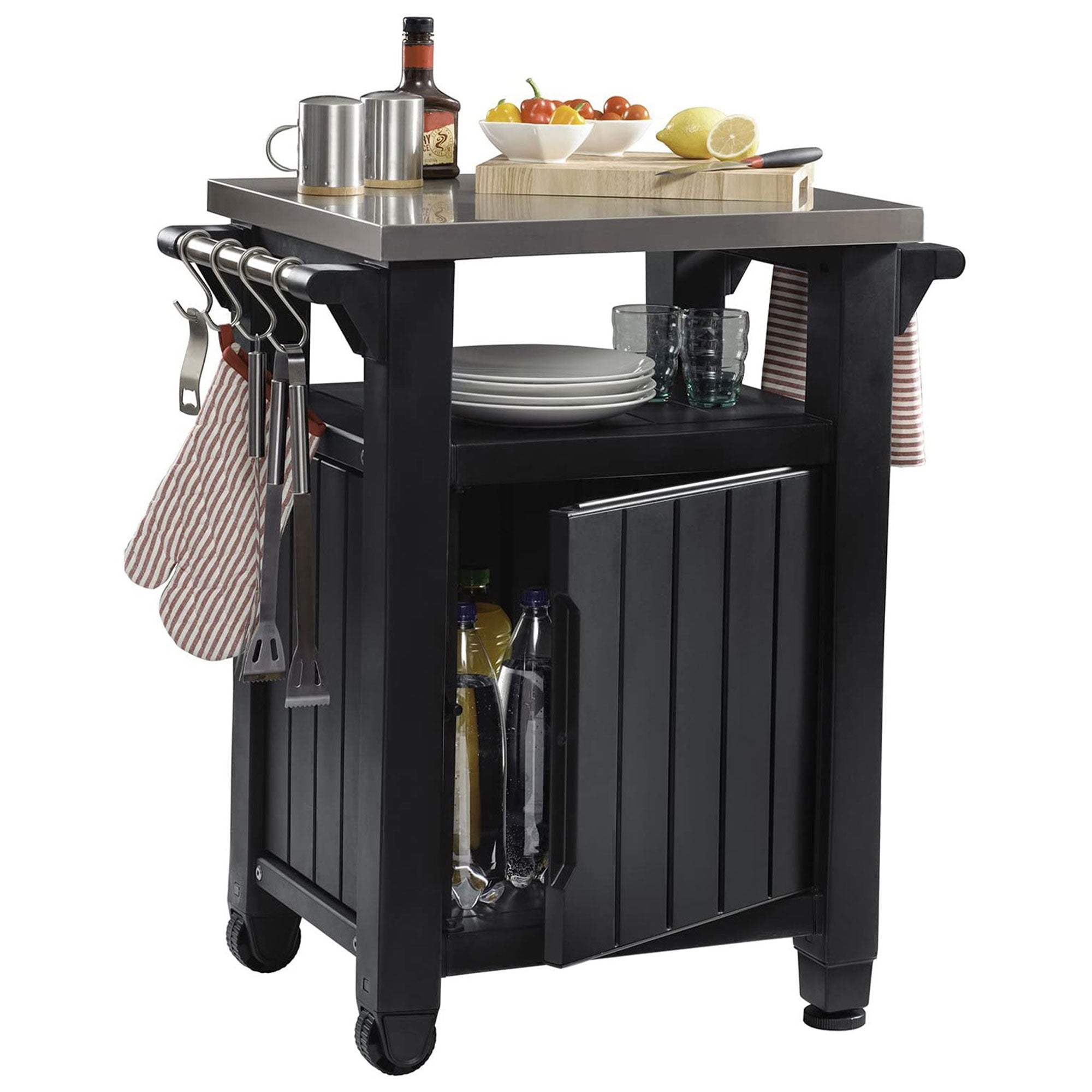 Keter Unity 40 Gal Patio Storage Grilling Bar Cart w/ Stainless Steel Top, Grey - Smart-nests