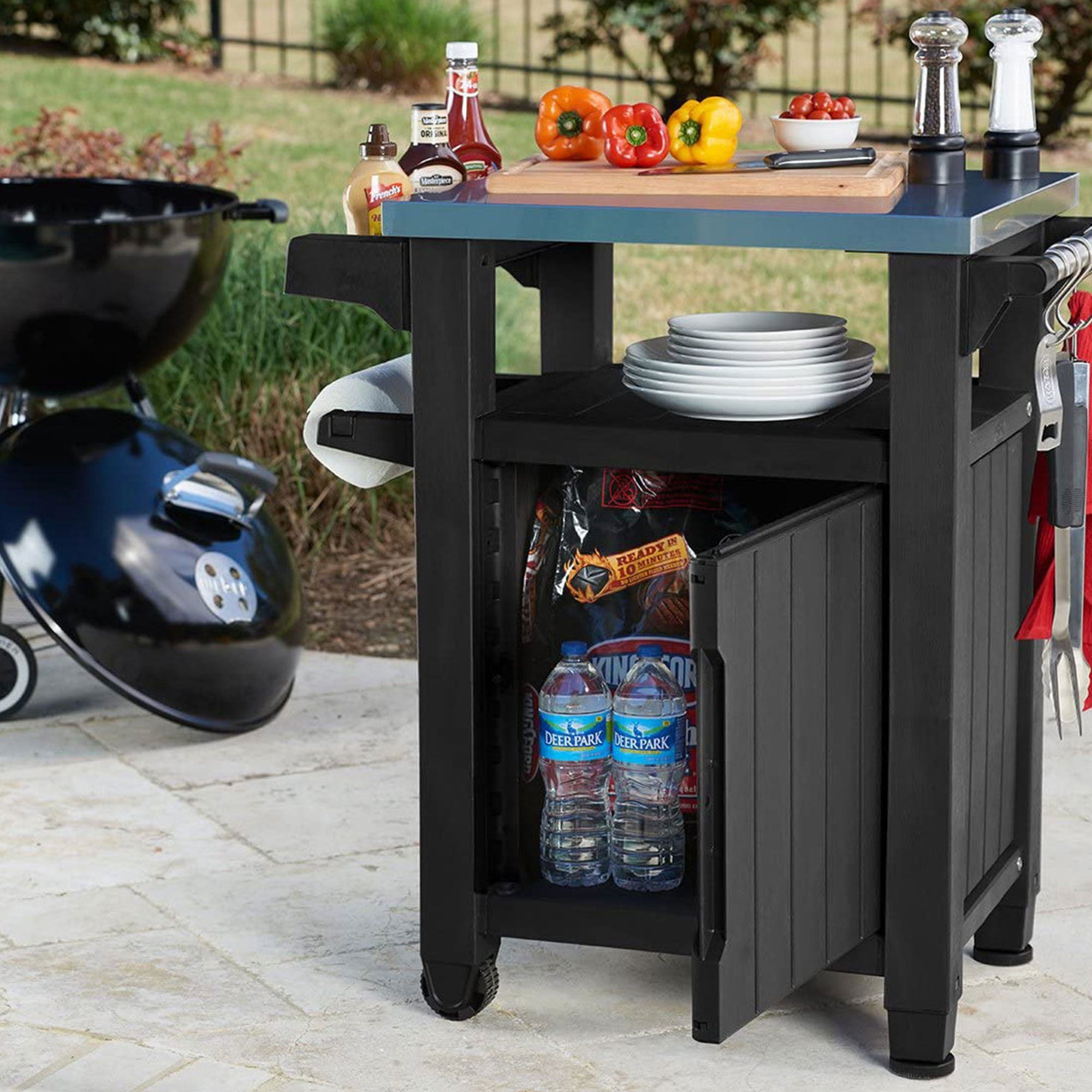 Keter Unity 40 Gal Patio Storage Grilling Bar Cart w/ Stainless Steel Top, Grey - Smart-nests