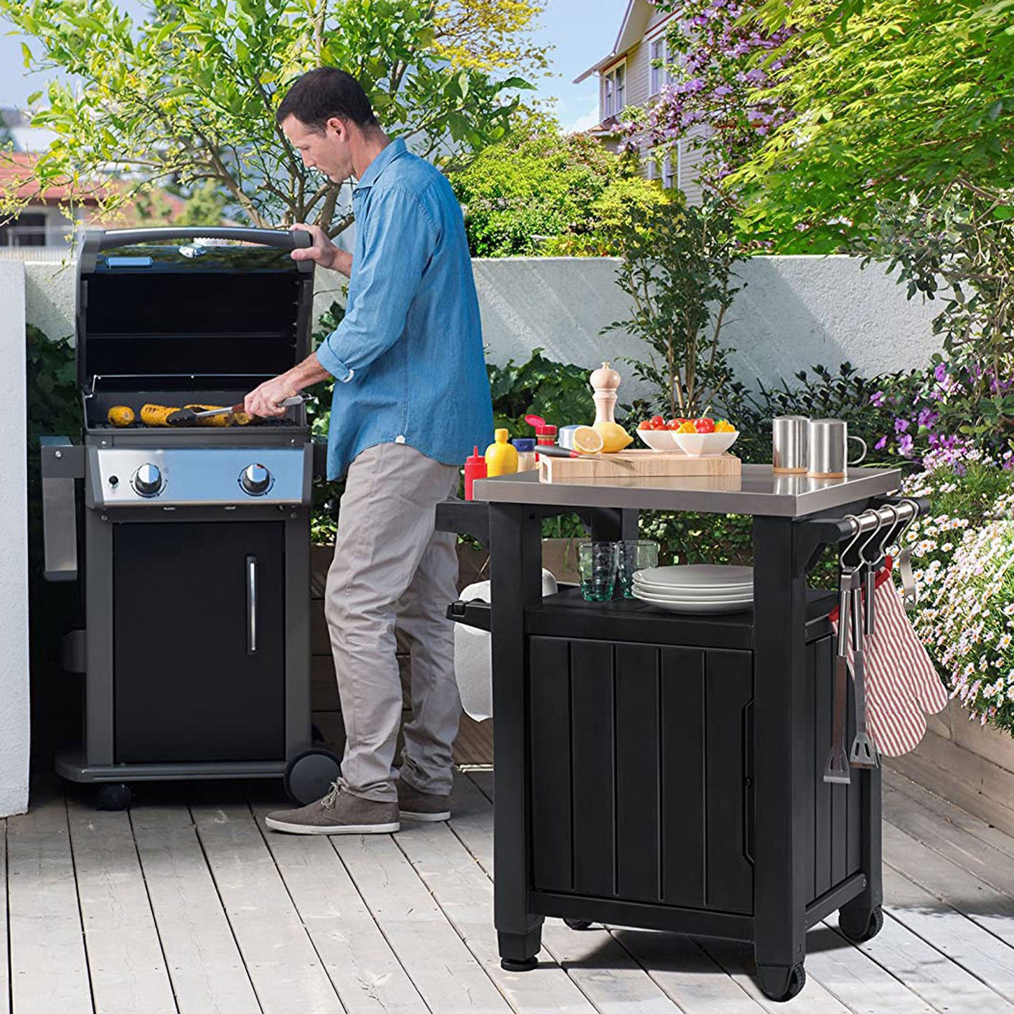 Keter Unity 40 Gal Patio Storage Grilling Bar Cart w/ Stainless Steel Top, Grey - Smart-nests