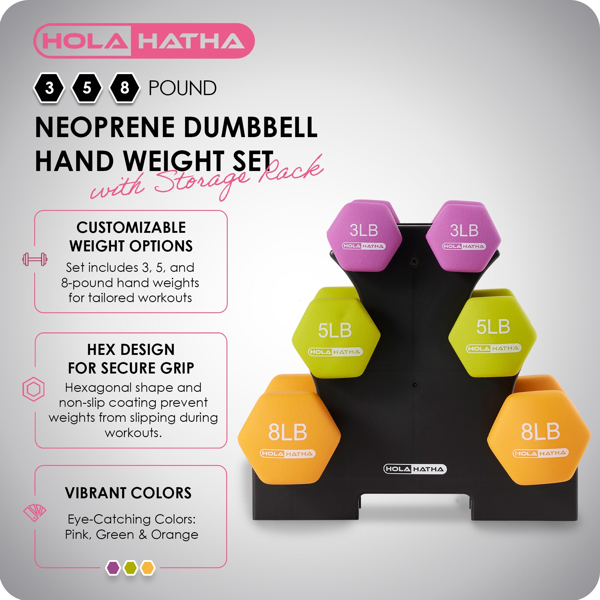 HolaHatha 3, 5 and 8 Pound Neoprene Dumbbell Strength Training Weights Set Rack - Smart-nests