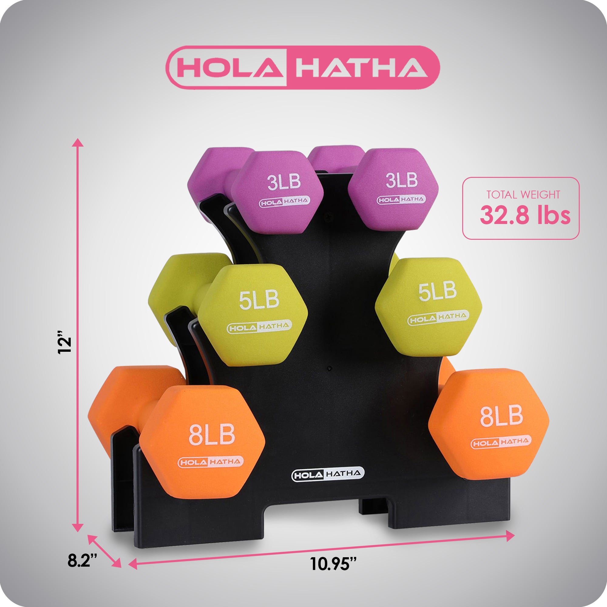 HolaHatha 3, 5 and 8 Pound Neoprene Dumbbell Strength Training Weights Set Rack - Smart-nests